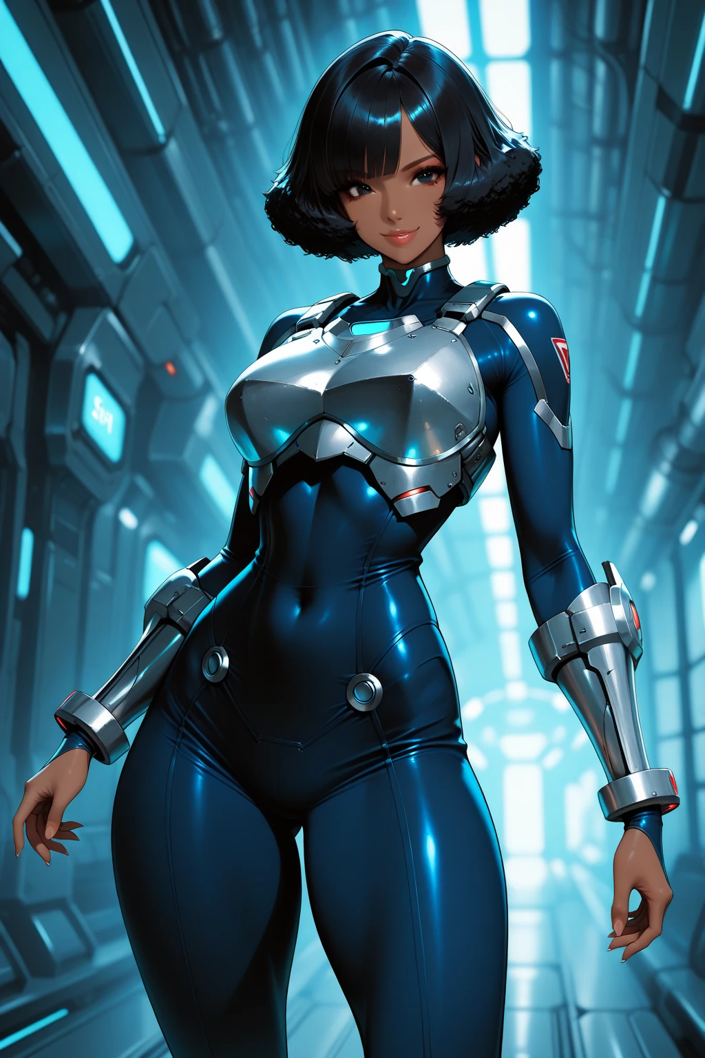 8k ((above view:1.5)), ((full body view:1.3)) (large eyes:1.3), defined cheekbones, ((the pit style:1.4))((sleek silver bodysuit:1.6)) ((intricate details:1.4))detailed face:1.5), brown skin,(puffy lips:1.5) ((brown skin:1.6)), ((brown face:1.4)), (bald woman:1.8), (skinhead) ((sexy pose)),(Muscular:1.3), ((gigantic breasts:1.5)), )highly detailed, Volumetric lighting, baroque oil painting by Greg Rutkowski, Artgerm, WLOP, dynamic angle,(( bodysuit:1.3)), majestic, digital photography, best shadow, light particles, art by artgerm and ruan jia and greg rutkowski, ((metal shoulder pads:1.5)), (masterpiece), sidelighting, intricate details, (((black and blue color palette)))