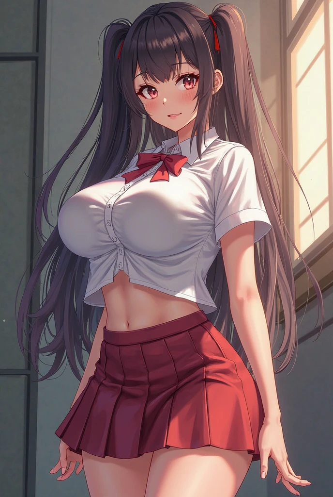 fuyuko mayuzumi, black hair, (brown eyes:1.3), long hair, two side up, sch00lg1rl, thighhighs, white shirt, red plaid miniskirt, crop top, garter straps, plaid skirt, tied shirt, huge breast, cleavage, grin, open mouth,