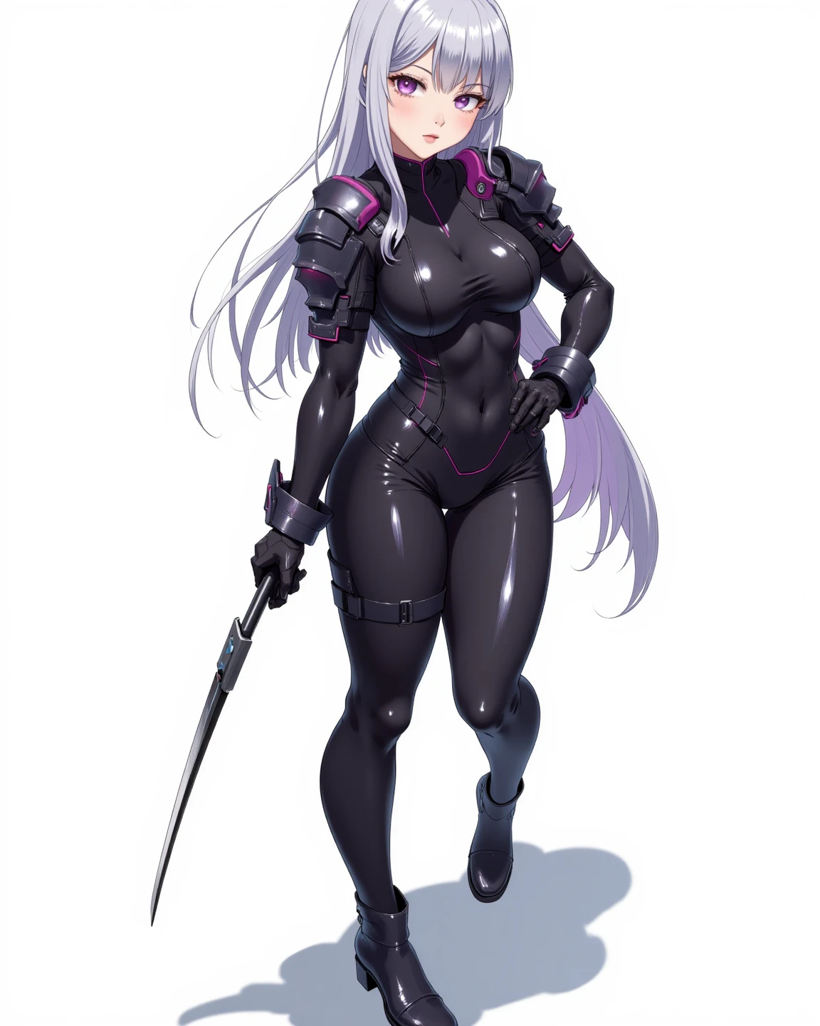 combatant girl, wide hips, full body, standing, revealing clothes, curvy, huge breasts, dark skin, silver hair, ponytail hairstyle, bodysuit, mask, hat