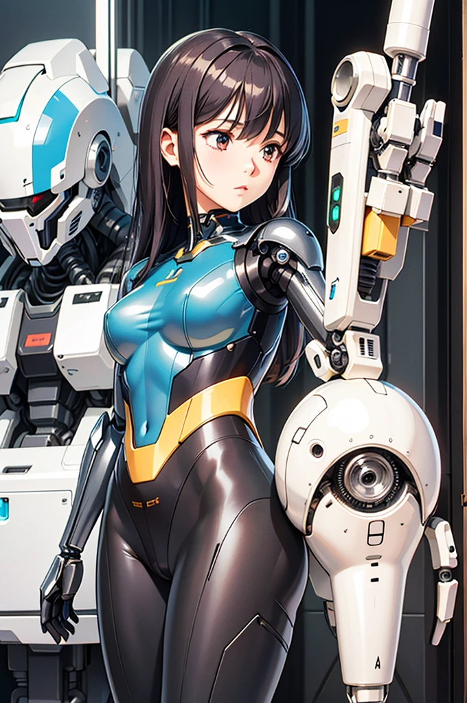 masterpiece, best quality, a cute girl smiling, intergalactic hero, science fiction, riding a mecha, (action:1.2), cloak, (Gatling gun:1.2), glowing, sci-fi environment ,