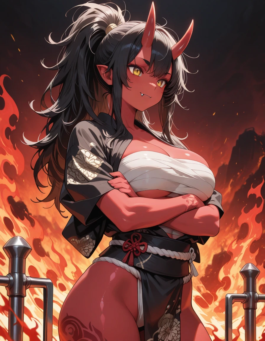 Demon  girl, long black hair with flame details, huge breasts, defined, tall, almost red brown skin, long red horns, dressed in rags almost bandages, cave background With a bonfire and bones nearby 