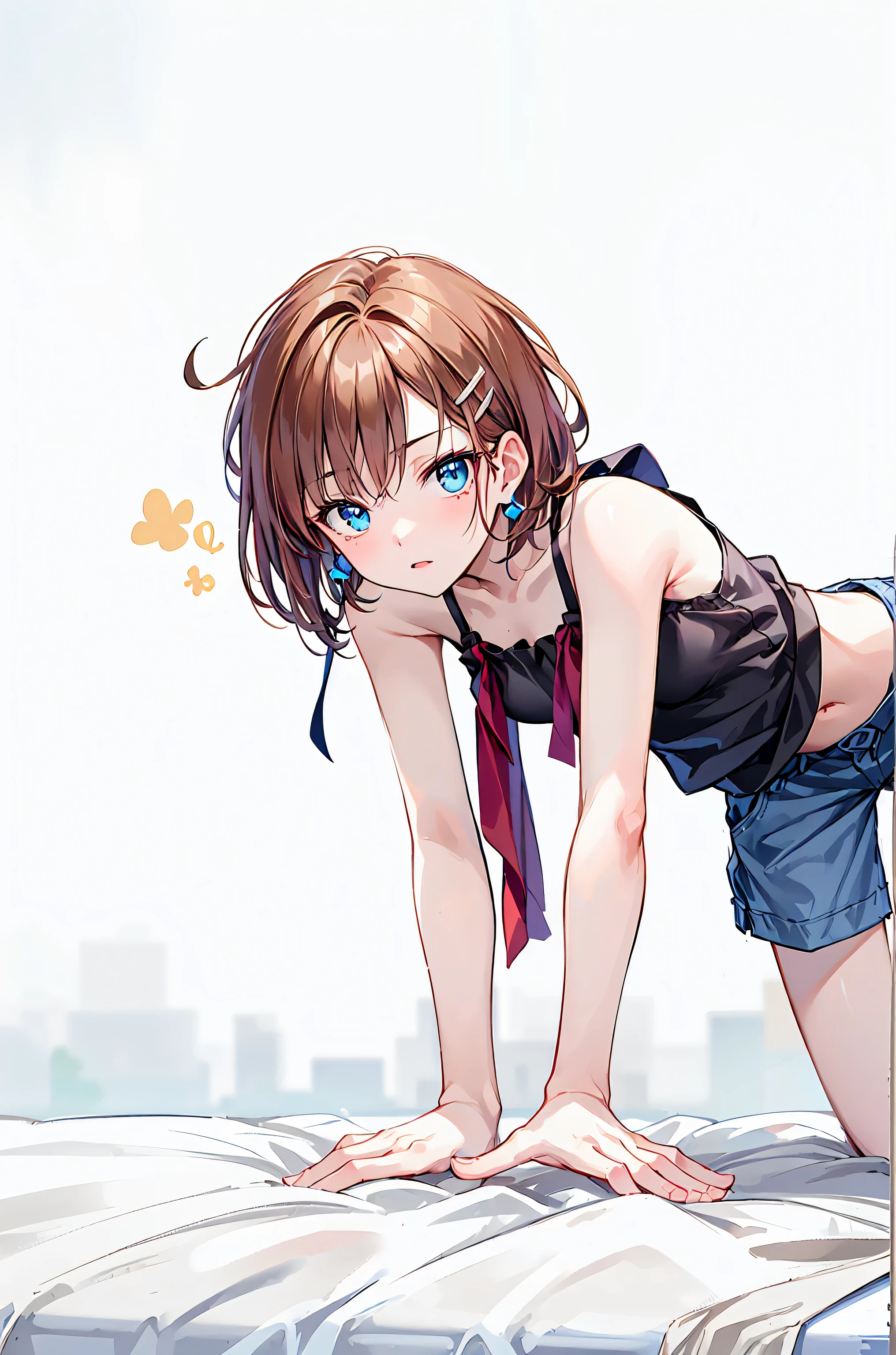 (High quality, 8k, 4K, High Contrast, masterpiece:1.2, 最high quality, Best aesthetics), (Dynamic Angle), ((1 female teen)), ((Plain and bright background)), ((Flat Color)), (Grey lace camisole), (The lower half is naked),((black and thin pubic hair)),(Female genitals in full view), Having sex, Looking at the audience, Upper Body, Transparent Background, (Cool look), Sleepy eyes, High Contrast, Contrasting colors, , Pale pink and blue lighting, ((Medium Hair)) , (Tied Hair), Brown Hair, Red eyes, Small star-shaped earrings in both ears, apple watch, bright eyeshadow, loose socks