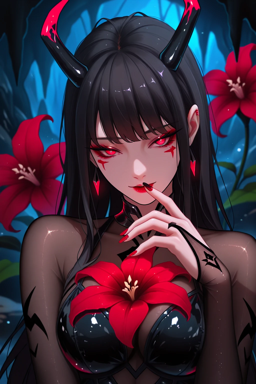 masterpiece, best quality, highres, absurdres, ultra detailed, pretty eyes, pretty_hands
Goth girl 1girl, ((black long hair)), bangs, red eyes, jewelry, necklace, pale skin, (makeup), ((black_lips)), glowing eyes, black long dress,Fashion cheongsam, lace choker, smiling
sexy_pose, flowers, spring, garden, portrait
<lora:Goth_girl-v1.5:0.9> <lora:绪å¿-设计ææè¢ Fashion cheongsam:0.7>