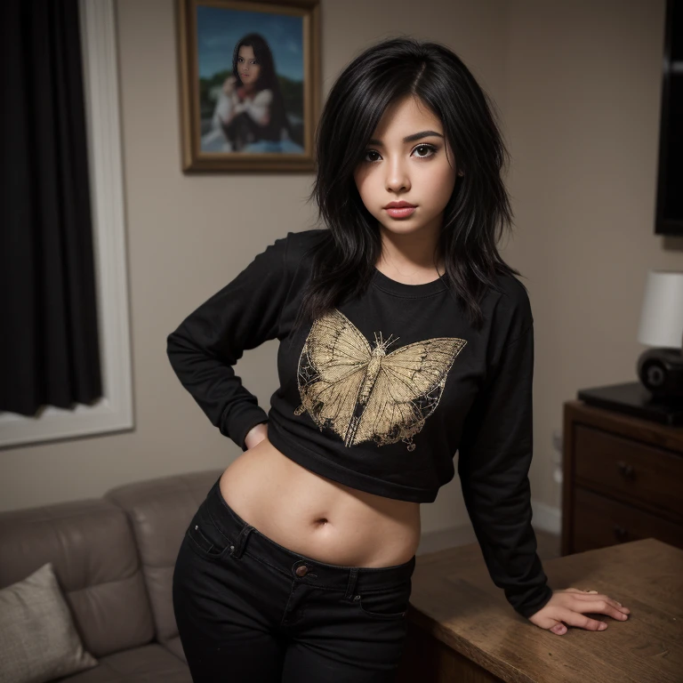unreal engine:1.4,Ultra-realistic CG K, photorealistic:1.4, skin texture:1.4, masterpiece:1.4,Beautiful sexy latina wearing a t-shirt with the text "Blackbird" in a dark grey font color and no pants, thong on the bed, cleavage, torn cleavage, ripped clothes