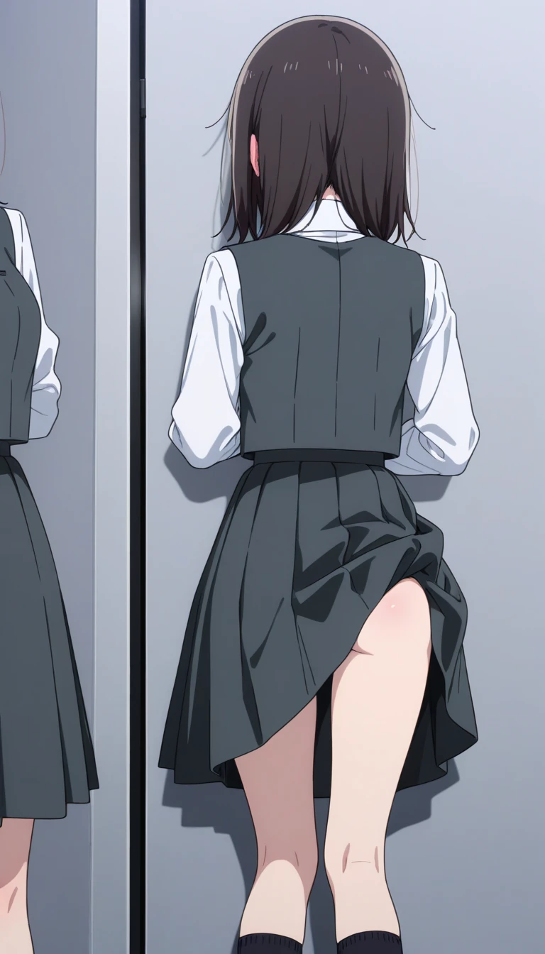 1.Woman embarrassed blushing hands behind back:1.2 small breasts short hair naked nipples black hair black eyes standing barefoot classroom blackboard homeroom front view from below