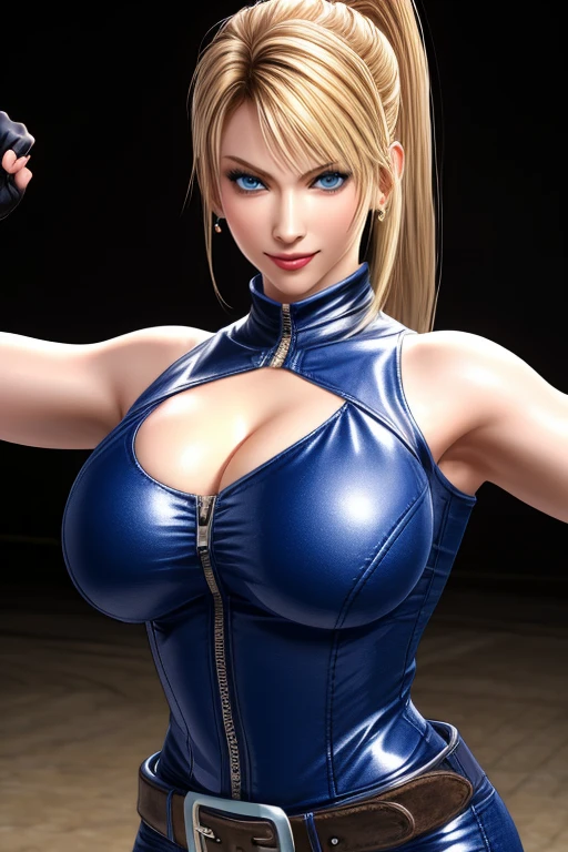 Sarah, (cowgirl:1.3), from below, (elbows:1.5), (zipper:1.5), American girl, blue eyes, angle (.4),, (full bodysuit:1.1), (mesmerizing:1.5), ((high ponytail:1.3)), (medium chest:1.4), (big arms:1.25), (free flowing hair:1.1), cowboy shot, blonde hair, long hair, (long sideburns:0.7), Shoulders exposed, (arms exposed:1.0), (very detailed skin:1.5), belt ,sleeveless, (closed zipper), earrings, fingerless short gloves, BREAK masterpiece, 1 girl, RAW photo, (best quality:1.2), extremely delicate beautiful, very detailed, 2k wallpaper, amazing, fine details, extremely detailed CG Unity 8k wallpaper, super detailed, high resolution, (beautiful detailed girl:1.4), perfect anatomy, wide cheeks, (shiny clothes:1.1), (smile:1.2), (upper body:1.3), (Realistic, Photorealistic:1.0), (thin nose:1.2), (breast focus:1.3), 20 year old, high nose bridge, (blue clothes:1.2), fighting pose, fighting arena, armpit against wall, wide face, (wide smile:1.3), closed mouth
