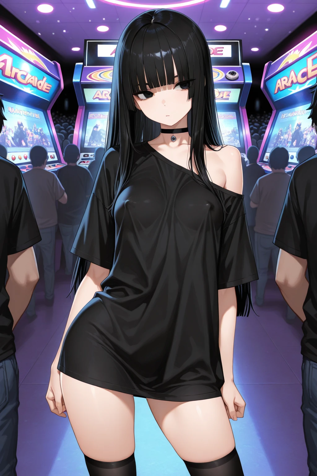 (masterpiece:1.37), best quality, (extremely detailed:1.37), woman, mature, adult, large breasts, very long hair, (straight hair:1.5), dark purple hair, purple eyes, (extremely detailed eyes:1.37), crop top, cleavage, navel, jeans, open fly, (groin:1.25), desperation, (wetting: self 3.0), standing, city, futuristic, neon lighting, high-tech, street, (female pervert:1.5)
