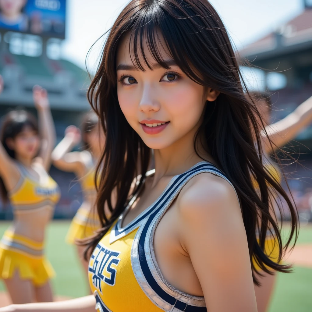 Realistic、Masseter region、Highest quality、High resolution、RAW Photos、Realistic、Bright lighting、Face Light、Smooth Professional Lighting、Japanese women、Beautiful woman、Modeled、gravure、sexy、so beautiful、Realisticで美しい肌、Beautiful and detailed、Detailed face、slim、Large Breasts、Cleavage、short hair、Brunette Hair、Brown eyes、Looking into the camera、Cheerleader、Cheerleader、Cheerleader、smile