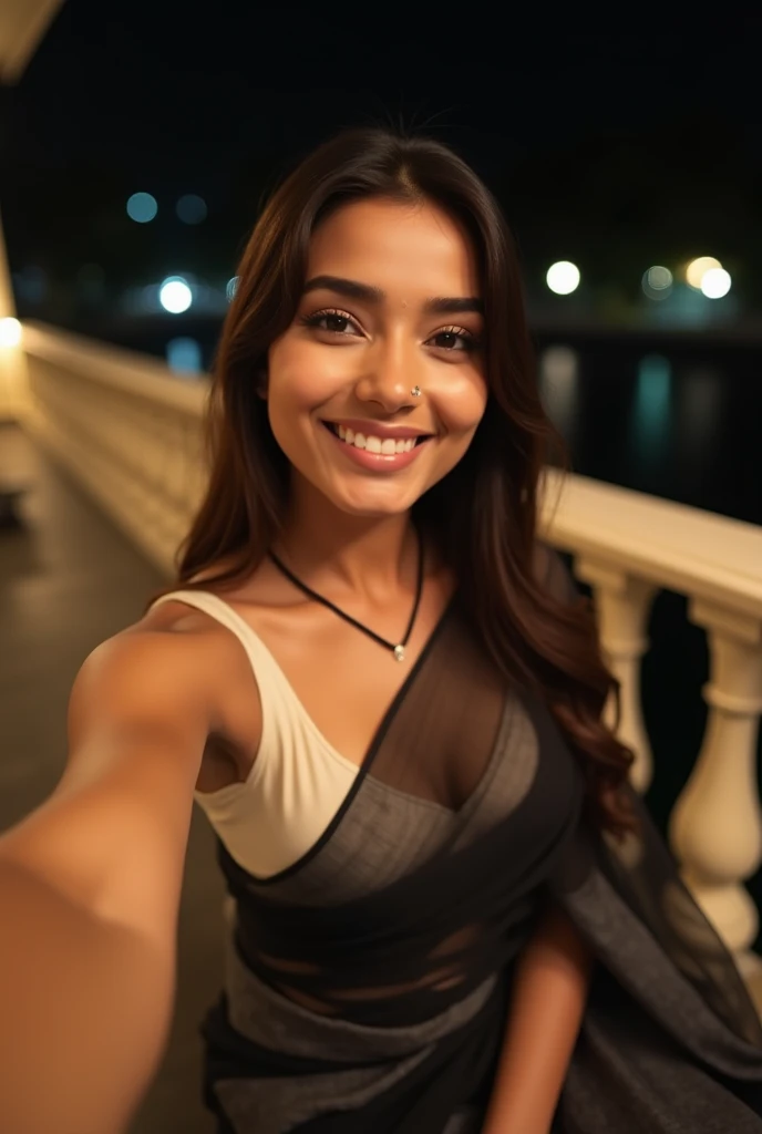 Black Eyes, 1 woman, (female)), solo, real, top quality, photorealistic, masterpiece, 8K, HDTV, solo, hdtv face, soft lighting, terrace of villa, ((evening)), outdoor, blue hour sky, (looking at camera), (portrait: 0.6), full-body, (medium hair), ponytail, black hair, floating hair, lips, lipstick, seductive smile, Floating hair, smile, open mouth, teeth, eyelashes, idol, beautiful girl, ((mini pants)), leaning on the fence