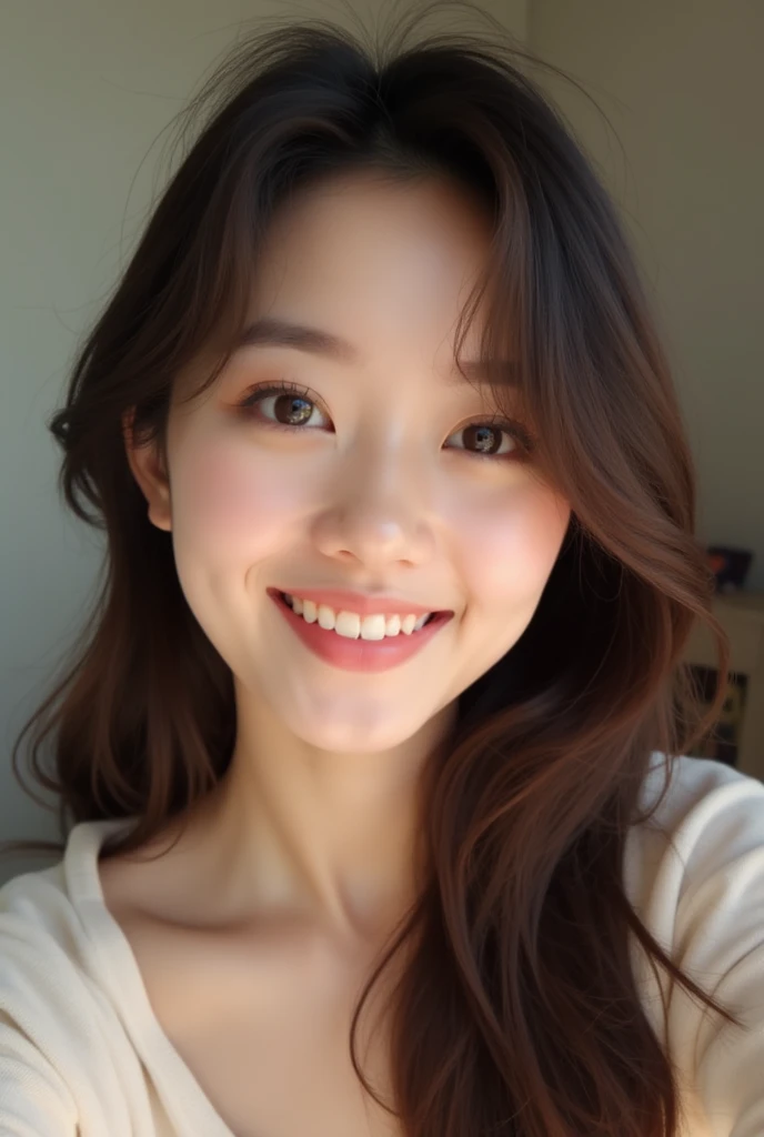 A selfie taken by a fair-skinned Japanese woman bending forward。Smiling。Wearing a tank top。When , her chest is completely visible。Soft Light。Selfie style。