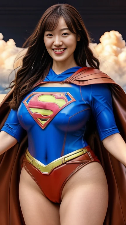 make a muscular woman. His skin is white. His hair is short and black. She is wearing a Super Woman DC costume. She's flying. She is smiling.