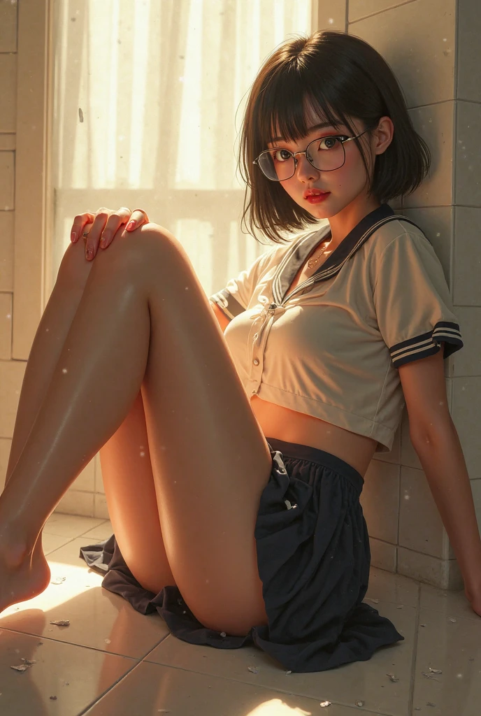 (((Misako Renbutsu)))Beautiful Young Female with ((Twin Braids) covering Bust), ((Flashing beltbra)) on ((Dusk Train)), (extremely delicate and beautiful) Detailed Closing Texture, Professional portrait of SemiNude photography, (((beltbra:1.37, White T-shirt Dress)White SkinnyShorts)Navel), sitting_chair (lean forward) {Knees to Chest|Knees Up|Knee Up}, (Motion blurred window){(Tyndall effect)|lens flare|Haze|bokeh} ZoomLayer (Oodles Blurred Colorful Lights (Starry particles)), (TopQuality Masterpiece of 8K Ultra-detailed DigitalPainting by Jeremy Lipking), ((Clearly Visible the shape of Crotch)), (extra leg:-1)(nipple:-1)