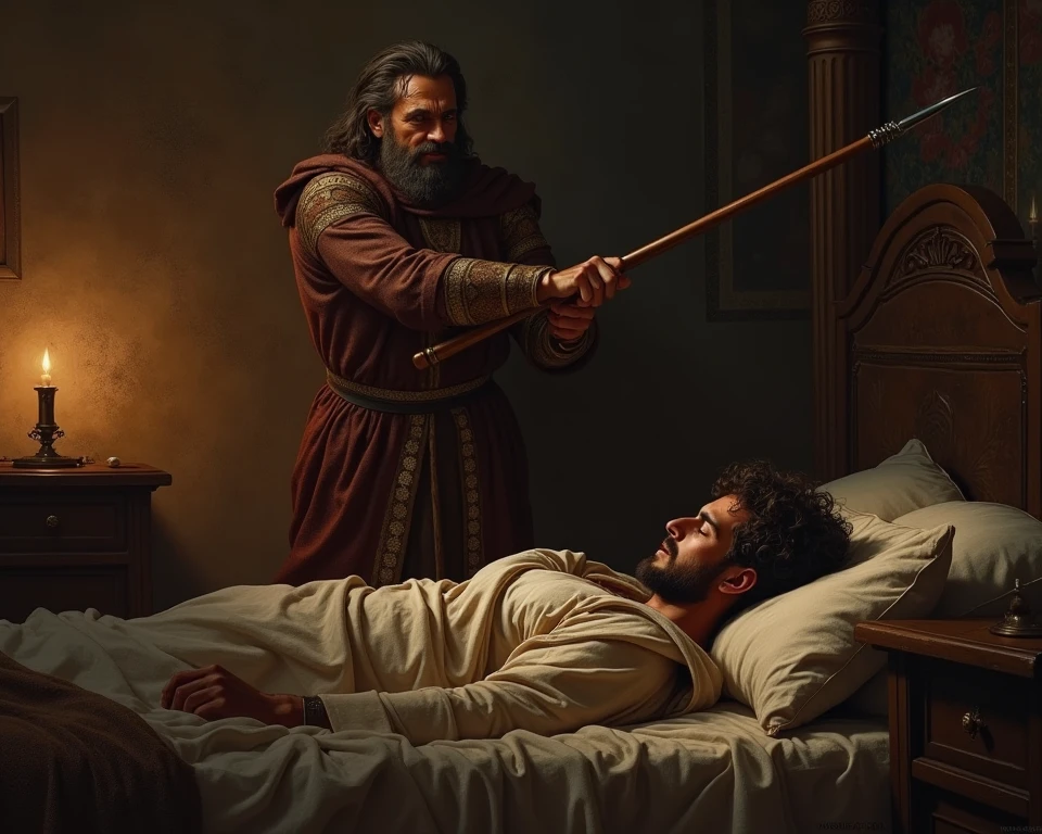 illustrates a 50 year old king who is shirtless and is being killed on his bed with a knife stuck in his chest 