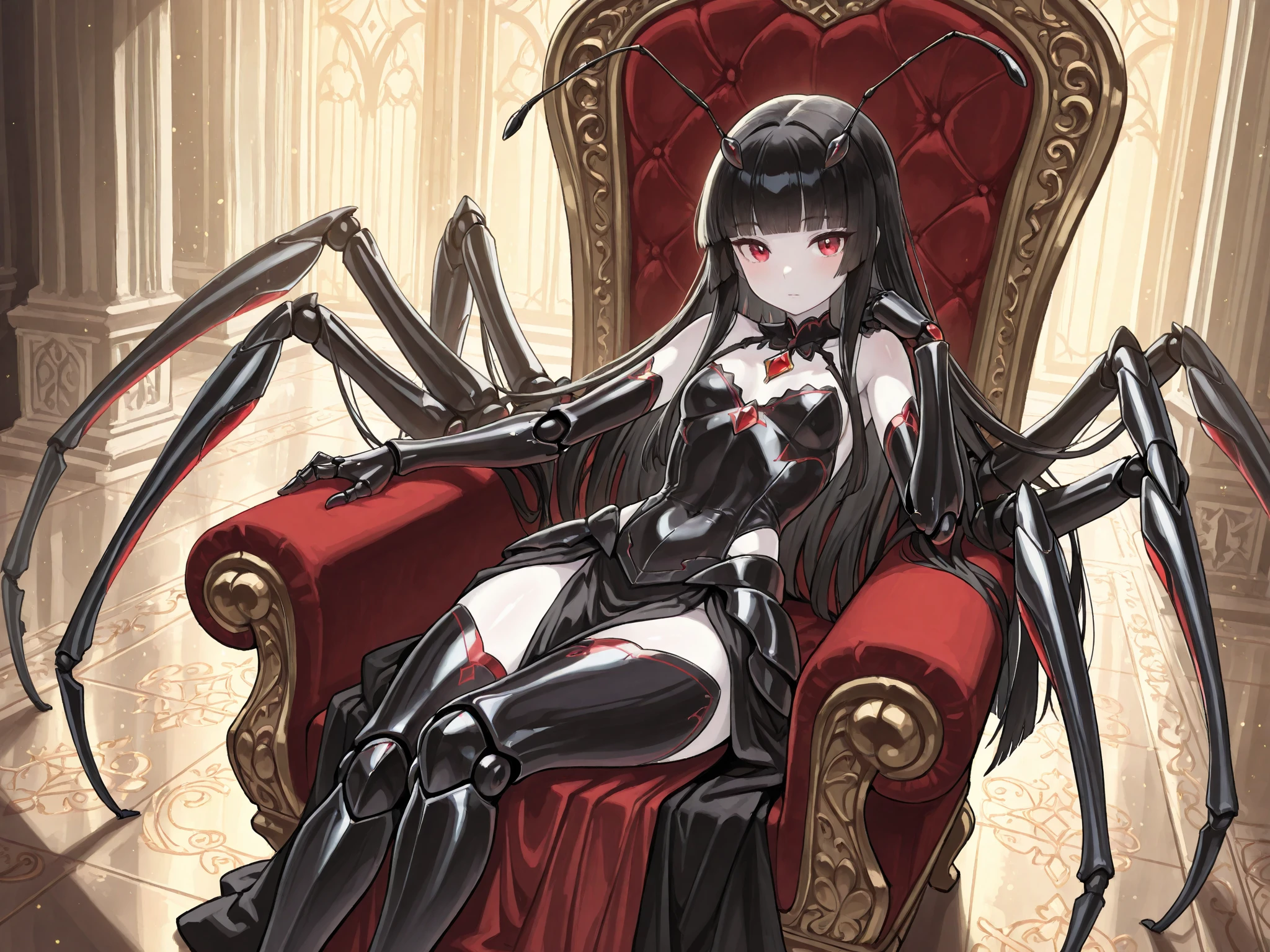 (Arachne: 1.5),
Master-piece, monster, solo, upper body bewitching beauty, lower body is a huge female spider, full body, kimono beauty, black hair straight, bangs snap, crimson lipstick, sink eyes, skull pattern on spider back, background is Japan castle, ruins, many spider webs, candlesticks, golden rays from the ceiling, skull, spider webs, high image quality, high definition, accurate drawing, detailed drawing,