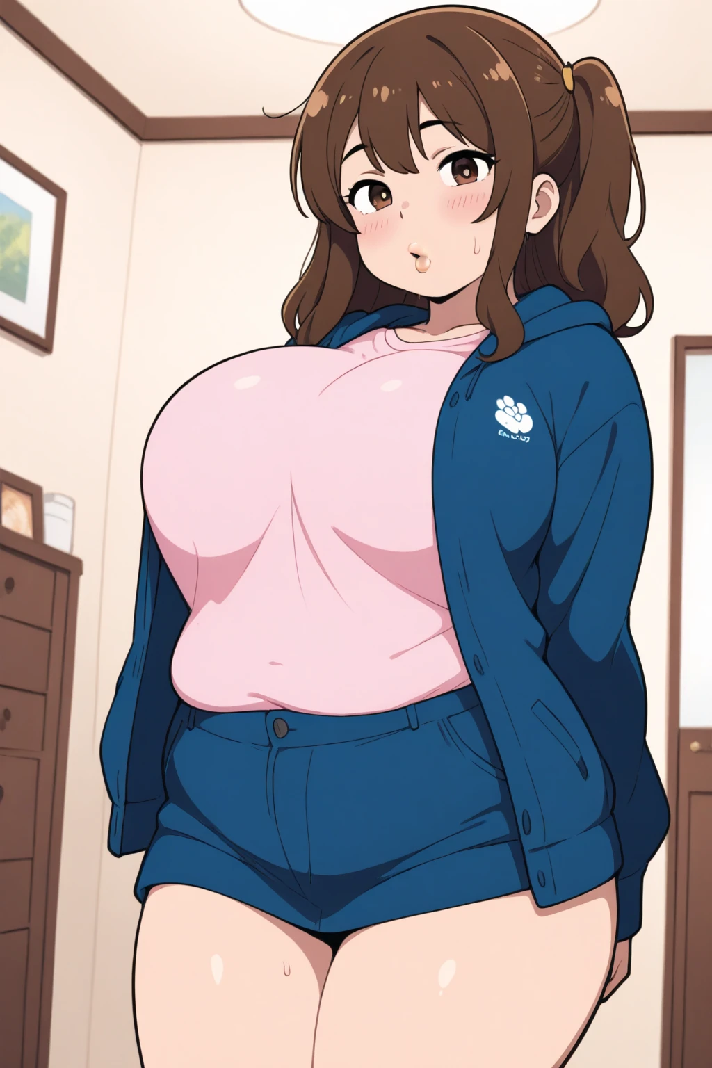 (((2heads))), 1man,(((big bulge))),very sweaty,wet glistening skin, ((very fat)), thick thighs, fat arms, fat face, double chin, crows feet, middle aged, overweight, belly showing, flabby,transgender woman, dominan, tanned, blushing, wet skin, big breasts,flabby,masterpiece, top-quality, ultra-detailliert, illustratio, no facial hair, feminine face, no body hair, ((big bulge))、((looking at the viewers)), shot from above, Refreshing smile, s lips, cparted lips, shorth hair, Brown hair, Mer1, wearing a sweaty oversized hoodie and sweaty sweatpants, hoodie on, bulge,nice face , Slimberry, viscous white translucent liquid splattered on skin, conjoined dicephalus, background is Arizona suburbs, sagging breasts, breasts apart, (((getting dressed and pulling pants on in an action shot)))