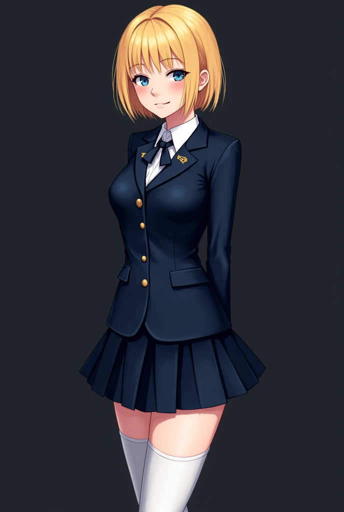 best quality, highres, and18, 1girl, android 18, solo, blonde hair, blue eyes, short hair, earrings, jewelry, medium breasts, <lora:android_18_v110:0.5>, cowboy shot, street, (school uniform:1.2),
