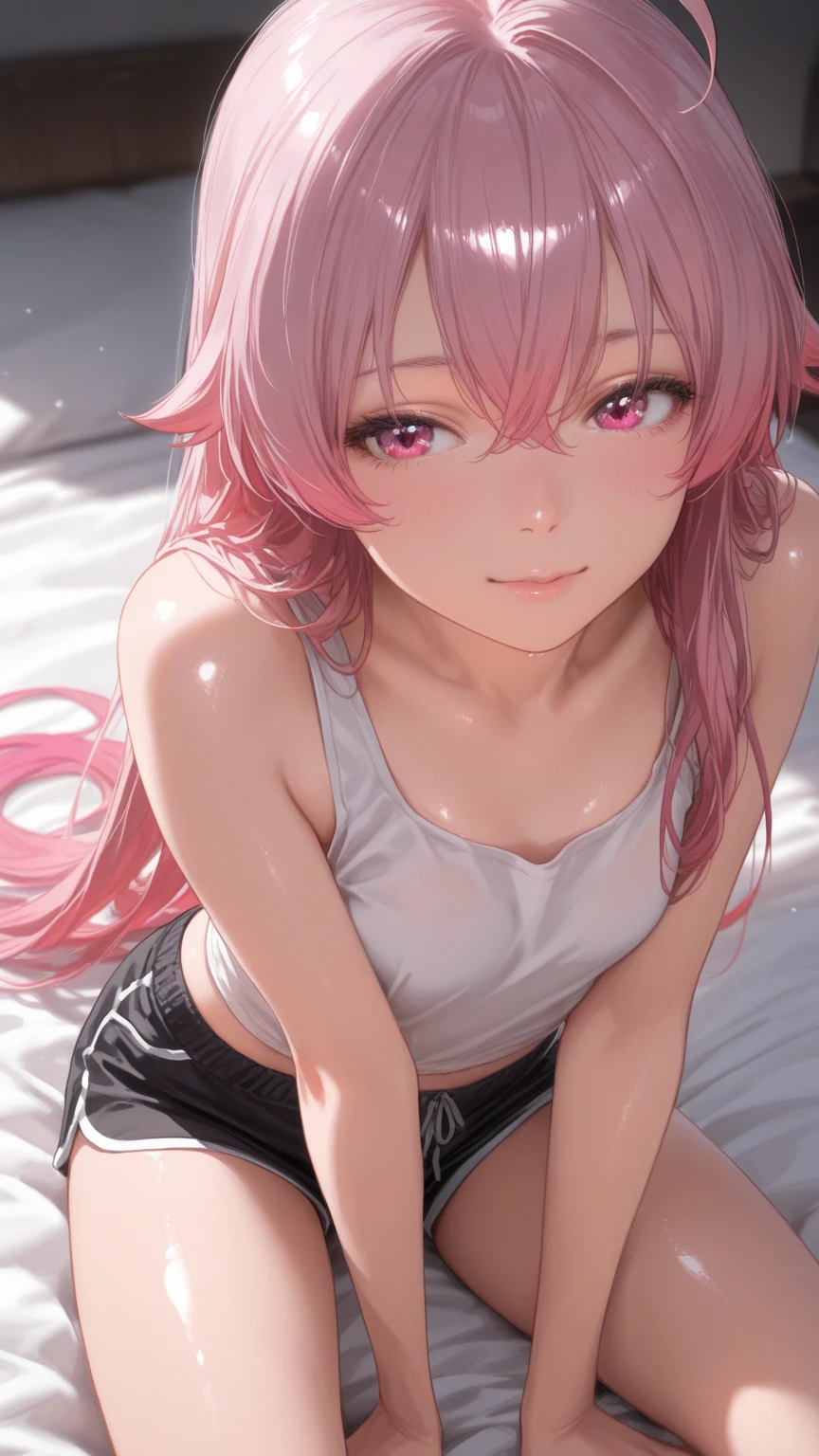 (masterpiece, highest quality, ultra high res, ultra detailed:1.3), 1 cute girl, pink medium hair, half twintail, small breast, black tank top, tank top covered nipples, red pleated mini skirt, white panties, (love juice, pussy juice, masturbating with her fingers:1.4), in cute room, ecstasy look, touching crotch by self,