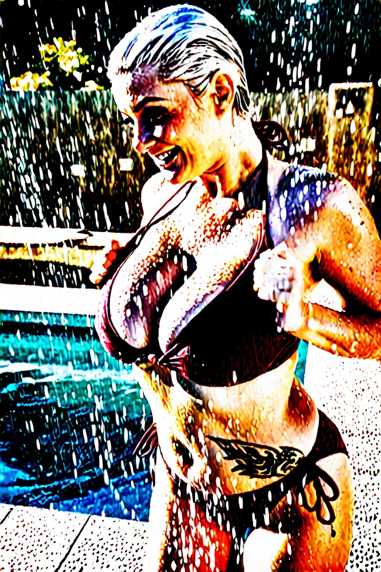 Magazine cover,Beautiful old woman(Wearing bikini),,(No humans),E7E48U,Wet body,Large Breasts,,Large and sagging breasts,,rain, Background grassland