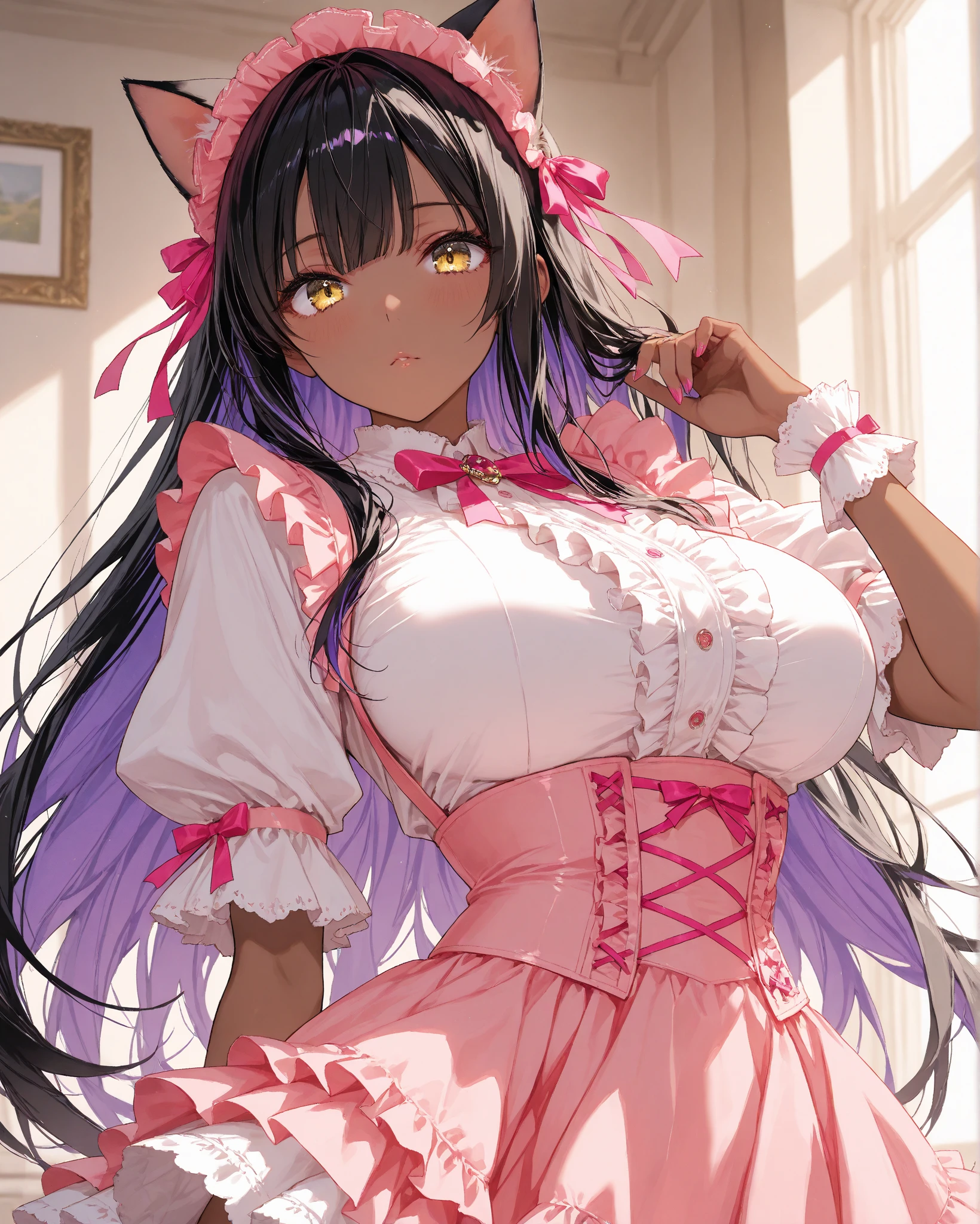 1 mature beautiful woman,(Highest quality,Extremely detailed depiction,Incredibly absurd high resolution,Anatomically accurate depiction,Curvy Legs,Detailed pupil),(Glowing Skin,Shiny skin),(Bewitching Hostess),(Luxury light color hostess outfit,Black Pantyhose),eyelash,(Pink Eyes,Crazy Eyes,There is cleavage in the chest,A seductive smile,Glossy Lips,Flashy makeup,eye shadow,eyeliner,mascara,Seductive gestures),Luxury accessories,Earrings,necklace,Bracelet,whole body,background:Inside the room,