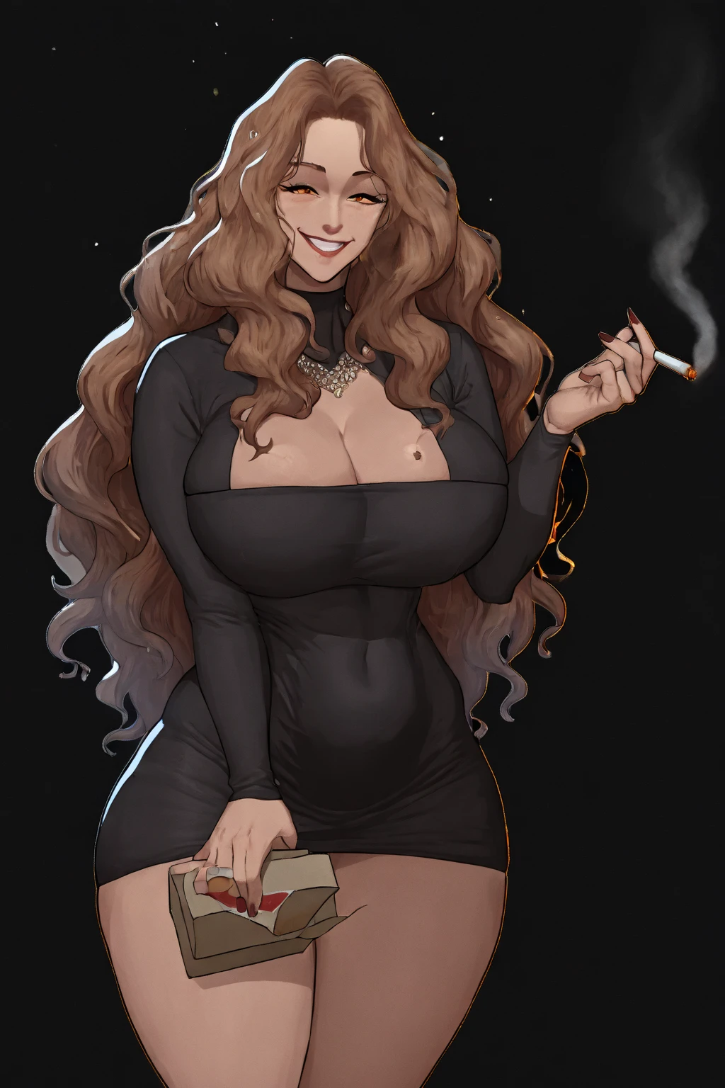(1960s \(style\)), pin-up style, voluptuous woman in a tight-laced corset, exhaling plumes of smoke, huge hanging breasts spilling over the top, skindentation, ornate filigree, perfectly styled hairdo, parted lips, juicy lipstick, ruffled panties, long legs, thick thighs, stockings, soft lighting