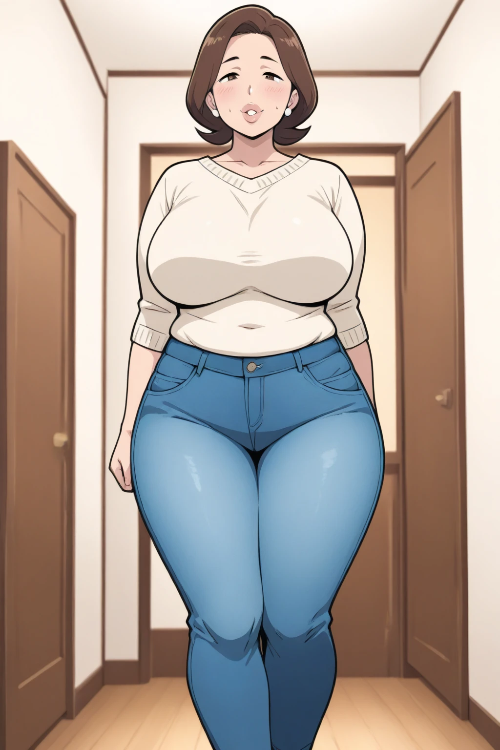 ((highres)), Masterpiece, high quality, best quality, beautiful, perfect lighting, detailed face, ultra cute face, looking at viewer, on a date, ((blush)), affectionate smile, ((1girl)), ((solo)), brown hair, fluffy hair, green eyes, jeans, crop top, tight clothes, fast food restaurant, medium breasts, cleavage, wide hips, ((thick thighs)), ((chubby)), chubby belly, standing, arms behind back, leaned over, cute pose,