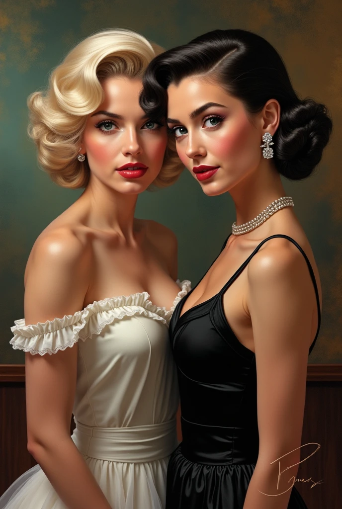 a group of elegant women at a 1950s party" An image featuring a group of elegant women, each wearing their distinctive 1950s evening gowns, posing for a photo at a chic women's evening party. Image is edited with a retro pastel palette, reflecting the camaraderie and timeless fashion of 1950s social gatherings. --auto --s2