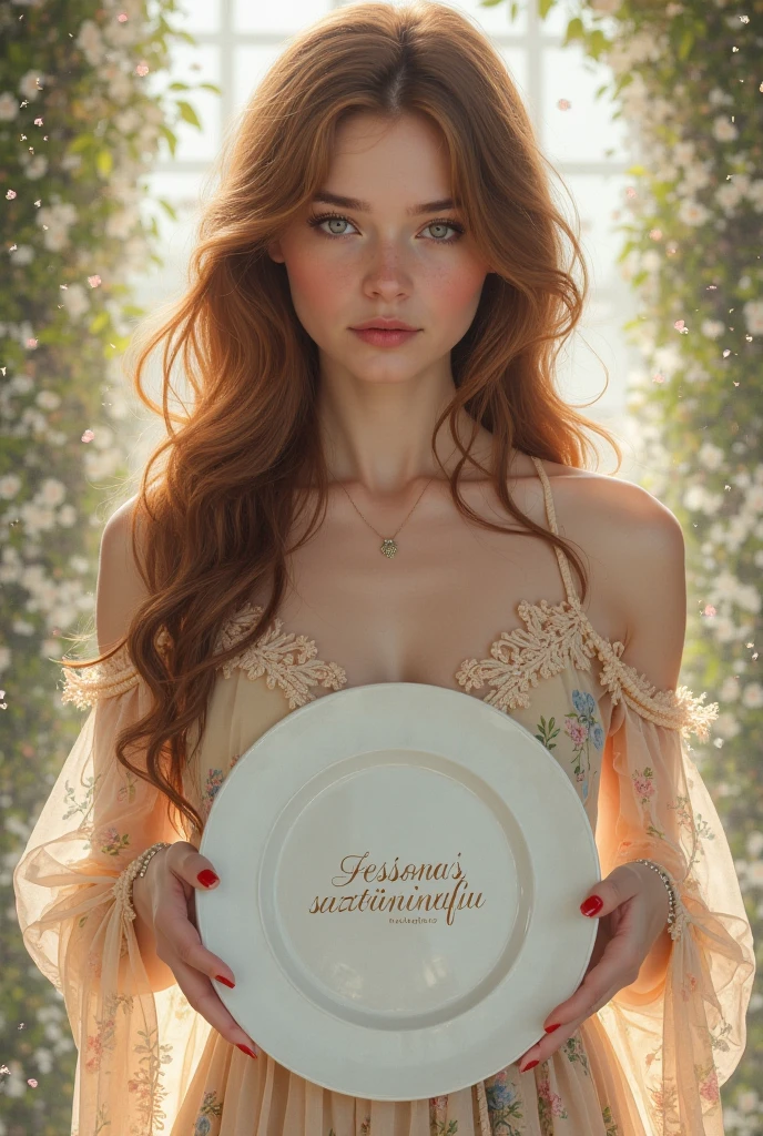 Create a Russian girl with a bouquet of fruits in her hands
