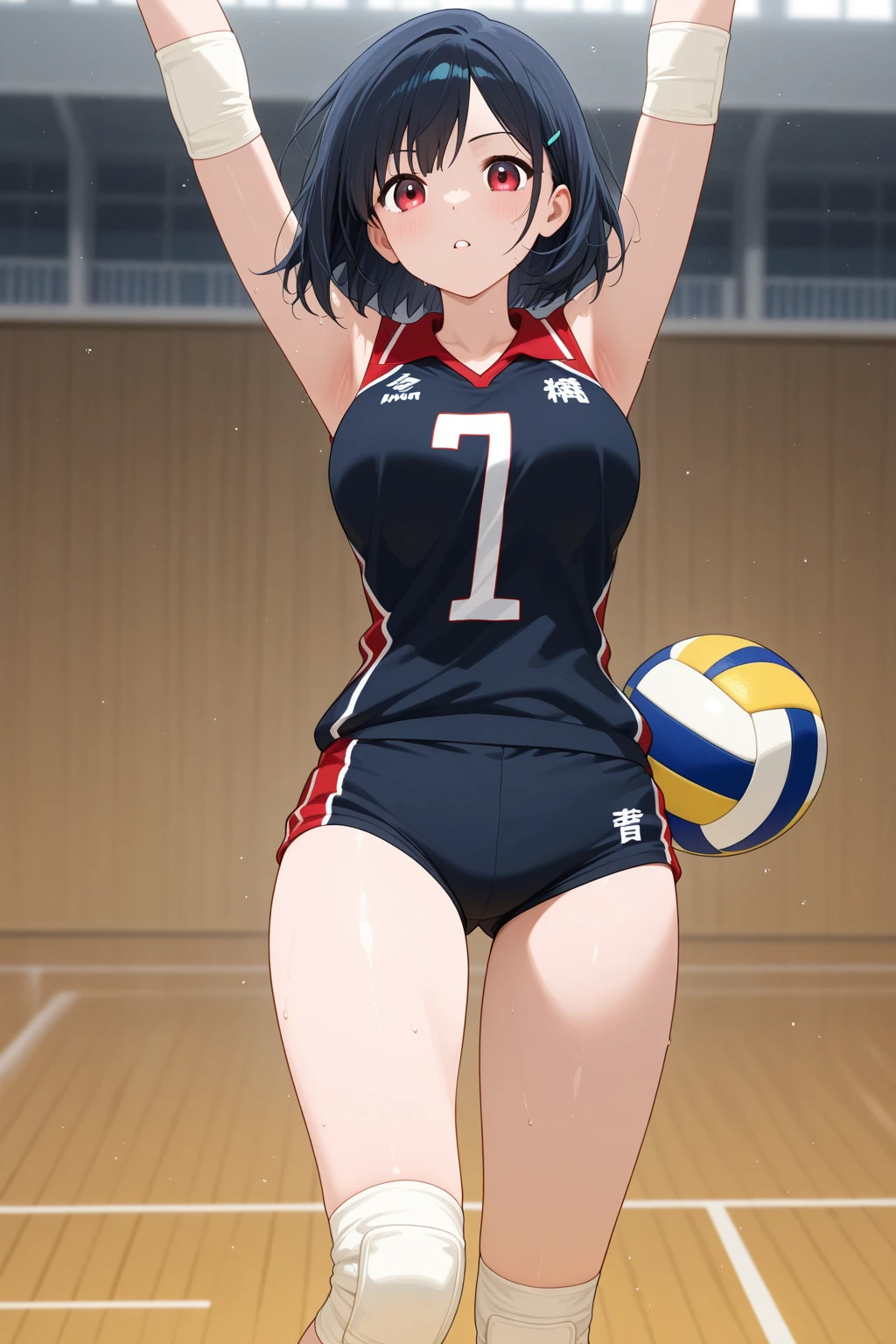 (best quality, 8K, high resolution, masterpiece:1.2), anime art style, yukine chris, 1 girl, perfect face, perfect eyes, large medium breasts, silver hair, low twin tails, pink hair ribbon purple eyes, thin twin tails, long hair, soft expression, alone, (volleyball wear, gymnasium, stylish pose, stylish angle, cowboy shot), viewer appreciation