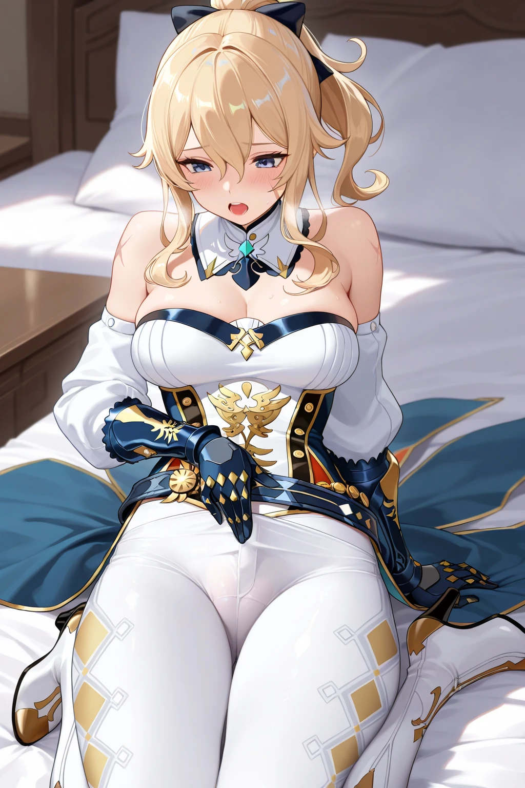 （One girl）、(short hair)、(sidelock)、((Blonde))、Princess Connect、((boyish))、huge breasts、((plump))、(beautiful girl)、[Big thighs]、pink eyes、(Healer)、Black Vest、black leggings、White sleeveless、[hairs between eyes]、(long gloves)、closed mouth、wink、arm behind back