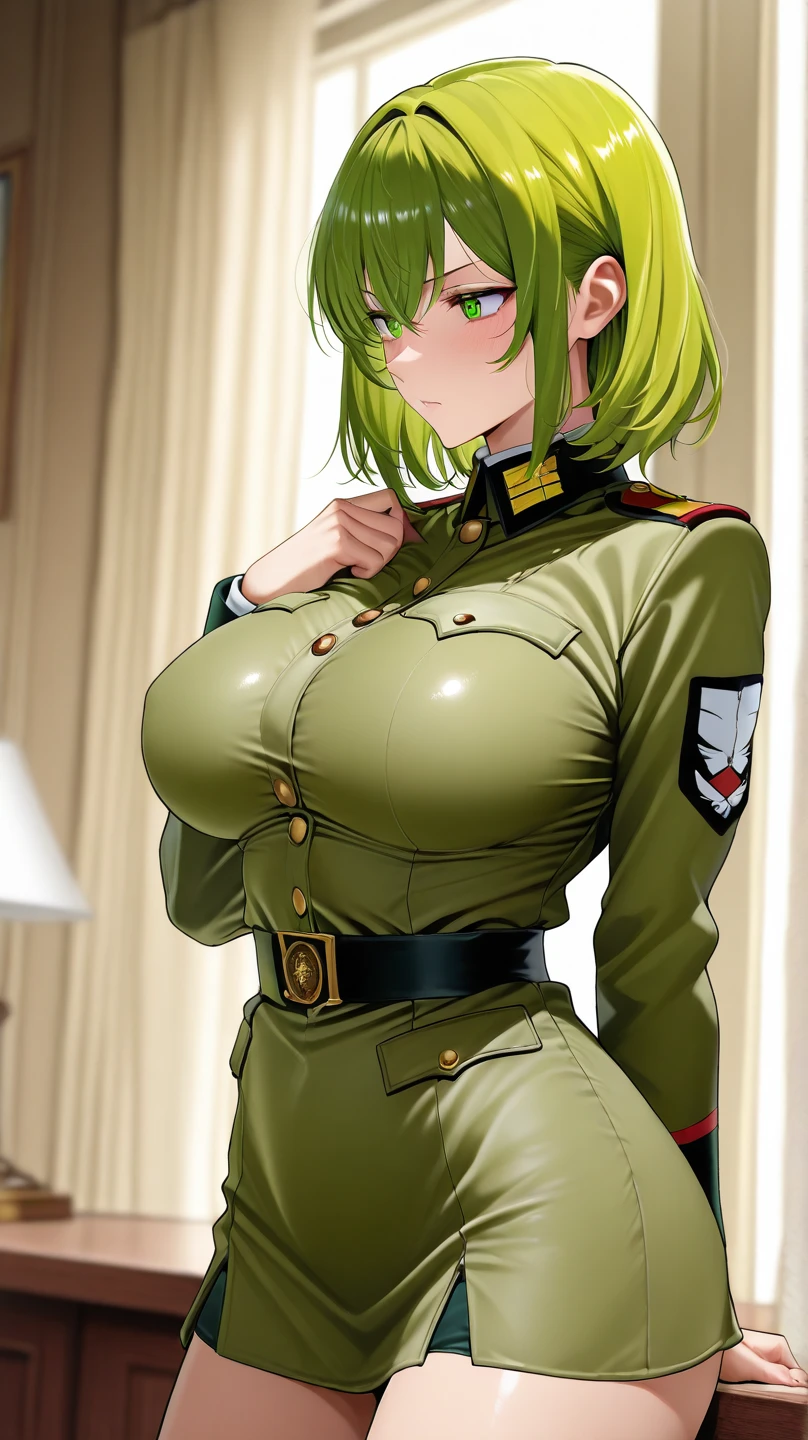 High resolution,high resolution,Girl,(Unshaven,Braiding,Dark green hair,Short Hair,),Grey Eyes,Slanted Eyes,Bad mood,Brown skin,boyish,slender,Military Suits,shower room,Soldier,naked,Dog Tags,I take a shower,Large Breasts,Wet with water,Hands on head,,