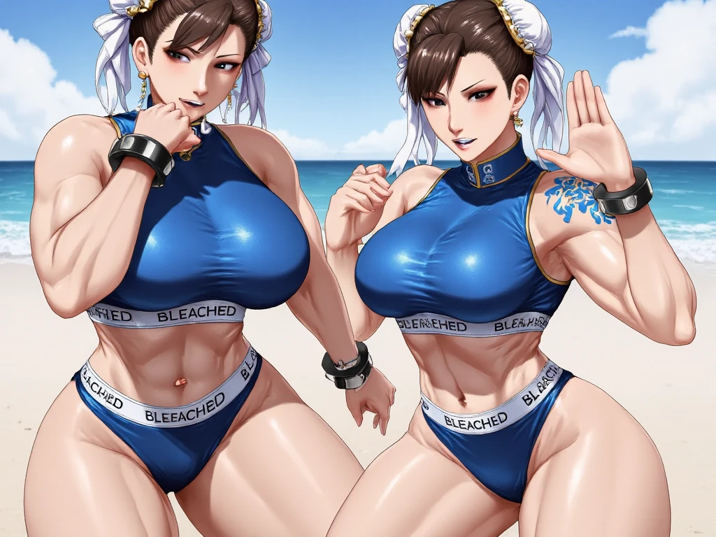 source_anime, large breasts, symmetrical docking, (from below:1.3), BREAK, cowboy shot, 2girls,1girl is CAMMY WHITE, smile, sweat drop, white background, BREAK, 1girl is chun-li, anime coloring, BREAK, anime screencap, megami magazine