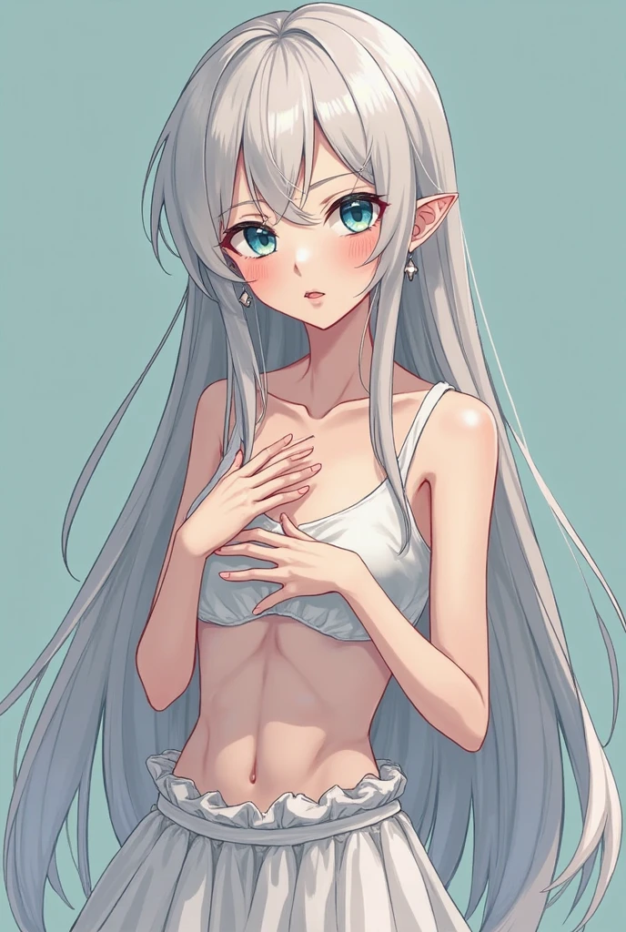 ((1 girl,20 years old,mature female)),long hair,solo,white hair,long hair,(((hair over one eye))),((naked bandage,white mini skirt)),elf ear,s,((,grin,blush,smile,sexy)),bare belly,(white background,line drawing)