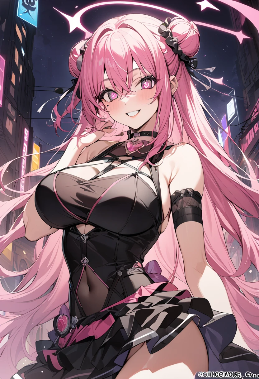 POV: Looking up at character, 1 female, cat girl, (((pale skin))), (((pink colored cat ears))), ((appearance: streaming red hair ribbons, radiant red colored eyes with cat shaped pupils,)), ((hair: long pink hair, straight hair, drills, side bangs, pink hair, pink cat ears)), ((body: , slender figure, large breasts, wide hips)), ((clothing: red dress, heart shaped cutout, black fishnets)), ((pose: arms folded, smiling, happy)), ((scene: busy metropolis)), high quality,best quality, 8k_wallpaper,extremely detailed eyes, (large masterpiece digital art), (detailed manga illustration), (detailed line art), ((perfect)) anatomy, best hands)), (intricate details:1.3), (ultra-detailed:1.3), (illustration:1.3), (sharp focus:1.3), (natural lighting:1.05), (vivid colors:1.3)