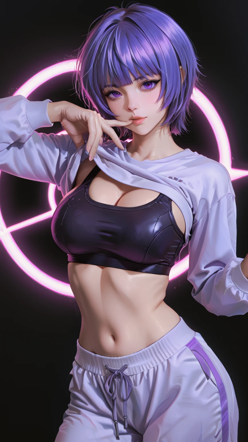 Best Quality,High resolution,8k,(plain white background, no patterns, no textures, just a plain white background:1.3),Masterpiece:1.2),beautiful girl,Big Breasts,(Glossy, deep purple hair:1.3),bob cut,Beautiful purple eyes,A girl wearing a black leather jacket with metal studs, ripped jeans, and a band T-shirt, embodying a rebellious punk rock style,Gentle look,A refreshing look,smile,Best quality,Best Quality,Aesthetic and aesthetic:1.2,Best details((Super detailed))(High-definition CG illustrations),Slender body,smile,blush,cute,Scrounge,Looking up,Being spoiled,super model