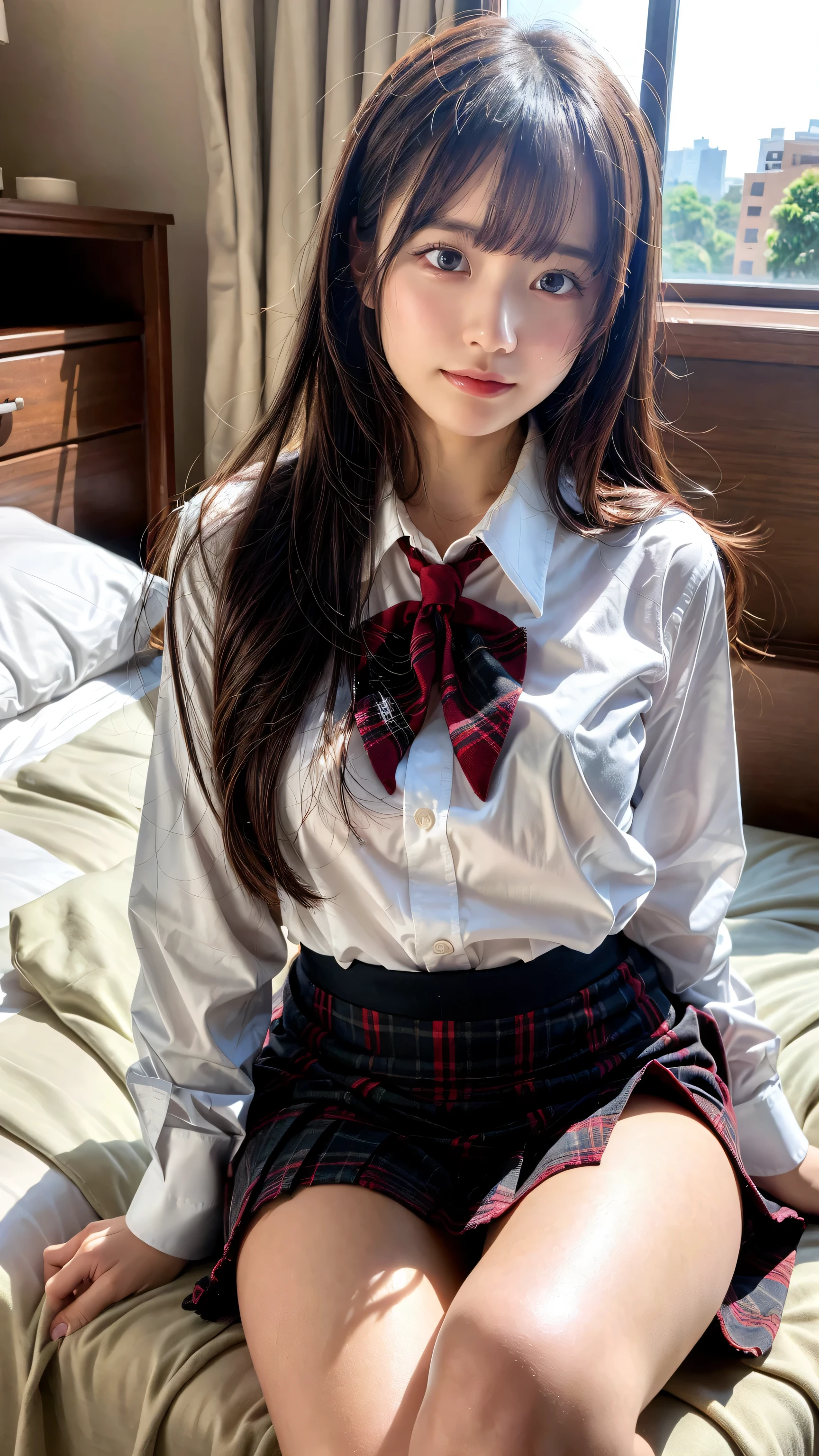 8K、RAW Photos、Highest quality、Super detailed、Super Resolution、Ultra HD、8K壁紙、Amazing details blazer uniform girl ((White blouse with formal collar, Blue Blazer, 
Red Check Skirt, Red checkered ribbon on blouse)), Complete limbs, Full Finger, 
(((A woman is sleeping with her eyes closed)))Brown Hair、White skin
(((((Full body photo)))))
((Panties and bra are visible))

