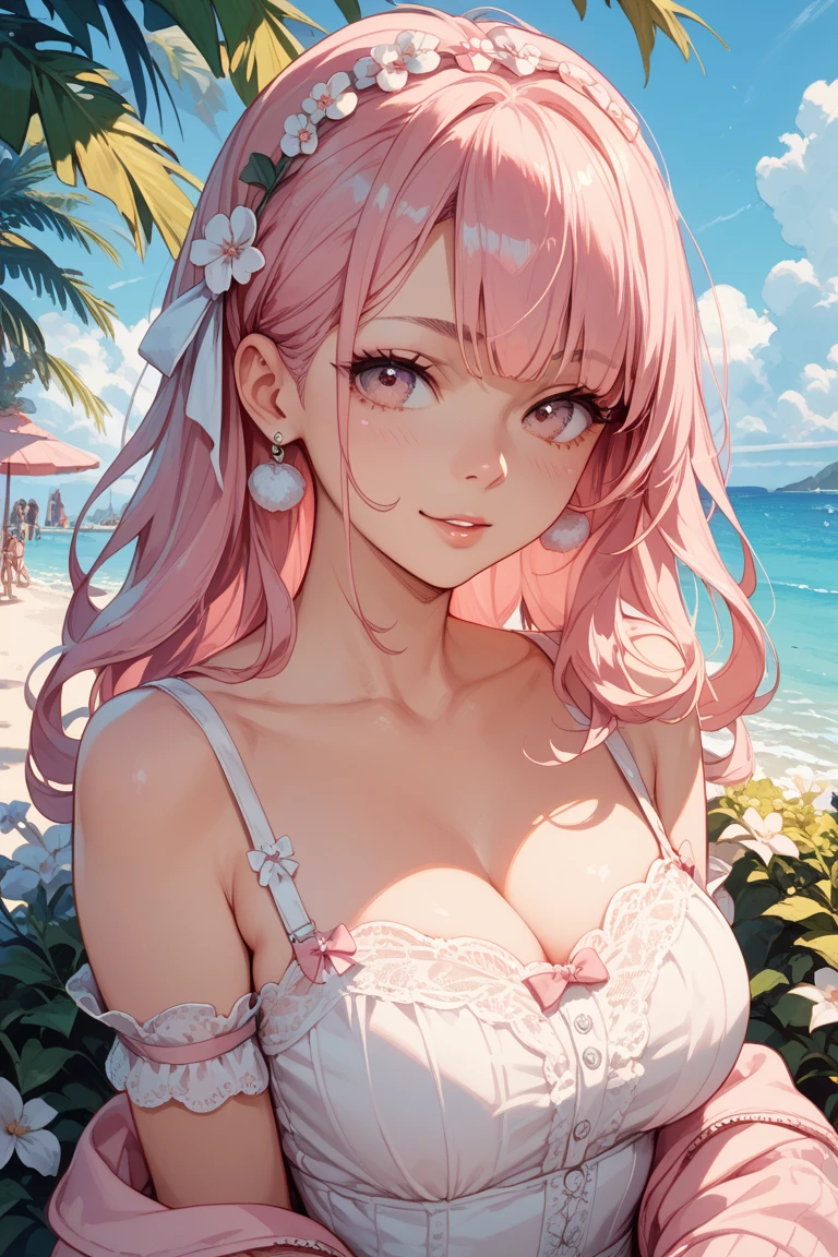 masterpiece, highest quality, Very detailed, High resolution, An expensive solution, High resolution, 4K, 8k, unity 8k wallpaper, Very detailed CG, masterpiece, Realistic、 Beautiful details, depth, Fine texture, highest quality: 1.3, Total concentration, Crisp skin, he, Very cute anime, Cute like an idol, expensive pink long hair, One Girl,bikini、Big Breasts、Sandy Beach、Ocean 、Palm tree、Tropical Juice、 hibiscus hair accessory, smile、long pink hair, whole body, Mole under the eye, Line Sight, expensive, blush, Lips parted, heart, Pink Eyes, choker
