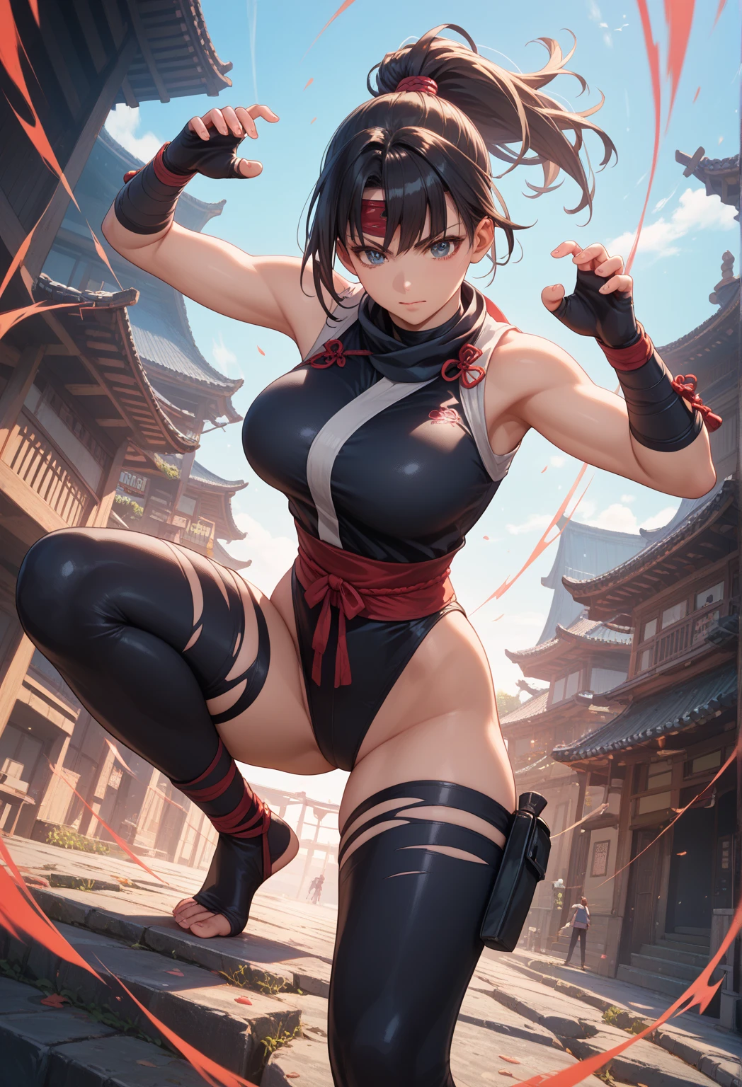 ultra-detailed, Explicit, Beautiful body, Beautiful Nose, Beautiful character design, perfect eyes, perfect face, ultra highres, 4K, beautiful legs, perfect legs, Nice hands, Perfect hand, Masterpiece, Best Quality, Highly detailed, illustration, absurdres, street fighter, doll suit, shadaloo doll, dollsuit, expressionless, blank eyes, looking at viewer, red gloves, emotionless, black latex, corrution, mind control, female combatant, full body, hypnotized, unhappy trance, full body suit, ribbed bodysuit, both arms at side, obey, perfect female body, extremely glossy latex, hypnosis, hypnoLora, empty eyes, Mind control device, poses, submissive_pose, Slave, hat, necktie, stand up straight, standing, standing at attention, hat, necktie, belt, latex, ribbed bodysuit, thighhighs, garter belt, Fighting Stance, extending the right arm from the shoulder into the air with a straightened hand, nazi saluting, military, military saluting, salute, thigh boots, 1girl, Suzume Iwato, Makoto Shinkai, brown eyes, black hair, long hair, ribbon, hairclip, bangs, ponytail,