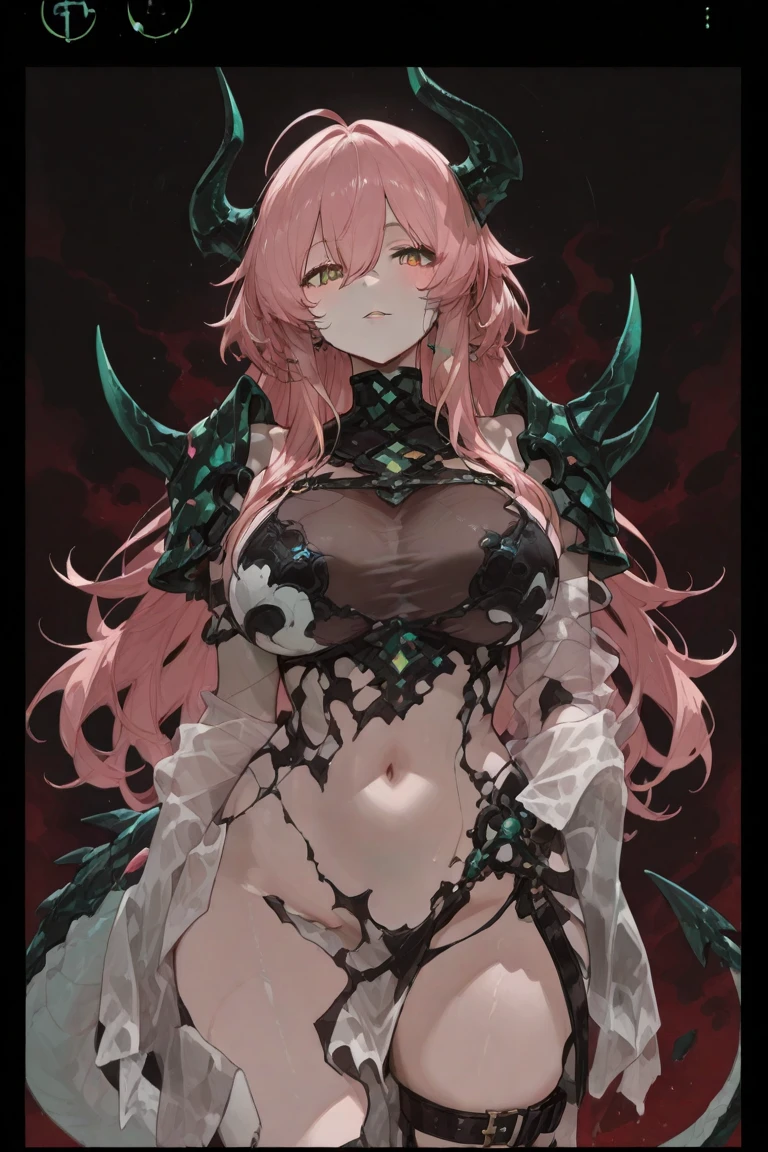(masterpiece, best quality), best quality, (ultra-detailed), (3heads:1.5), 1girl, (koakuma:1.3), masterpiece, best quality, white and black top, crop top, ((stomach)), midriff, ((groin)), black skirt, normal ears, shackles, red hair, very long hair, wavy hair, sidelocks, red eyes, parted lips, single horn, sweat, cute, toned belly, hand on own chest, eyelashes, (24 year old woman:1.3), (masterpiece:1.5), (best quality:1.5), (beautiful detailed extremely detailed CG, extremely delicate and beautiful, depth of field, (finely detailed face), (perfect details:1.2), (mature female:1.3), wide pelvis, slender, large veiny breast, 8k resolution, high quality, high definition, extremely detailed, masterpiece, red hair, long hair, alluring presence, braid, short skirt, close up, big tits, young, bat wings, demon girl, demon tail, demon wings, head wings,