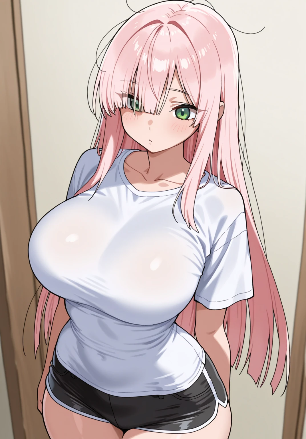 zero two (darling in the franxx), pink eyes, pink hair, high quality, completely naked, pink nipples, showing boobs, medium boobs, best quality, best light, pink pussy