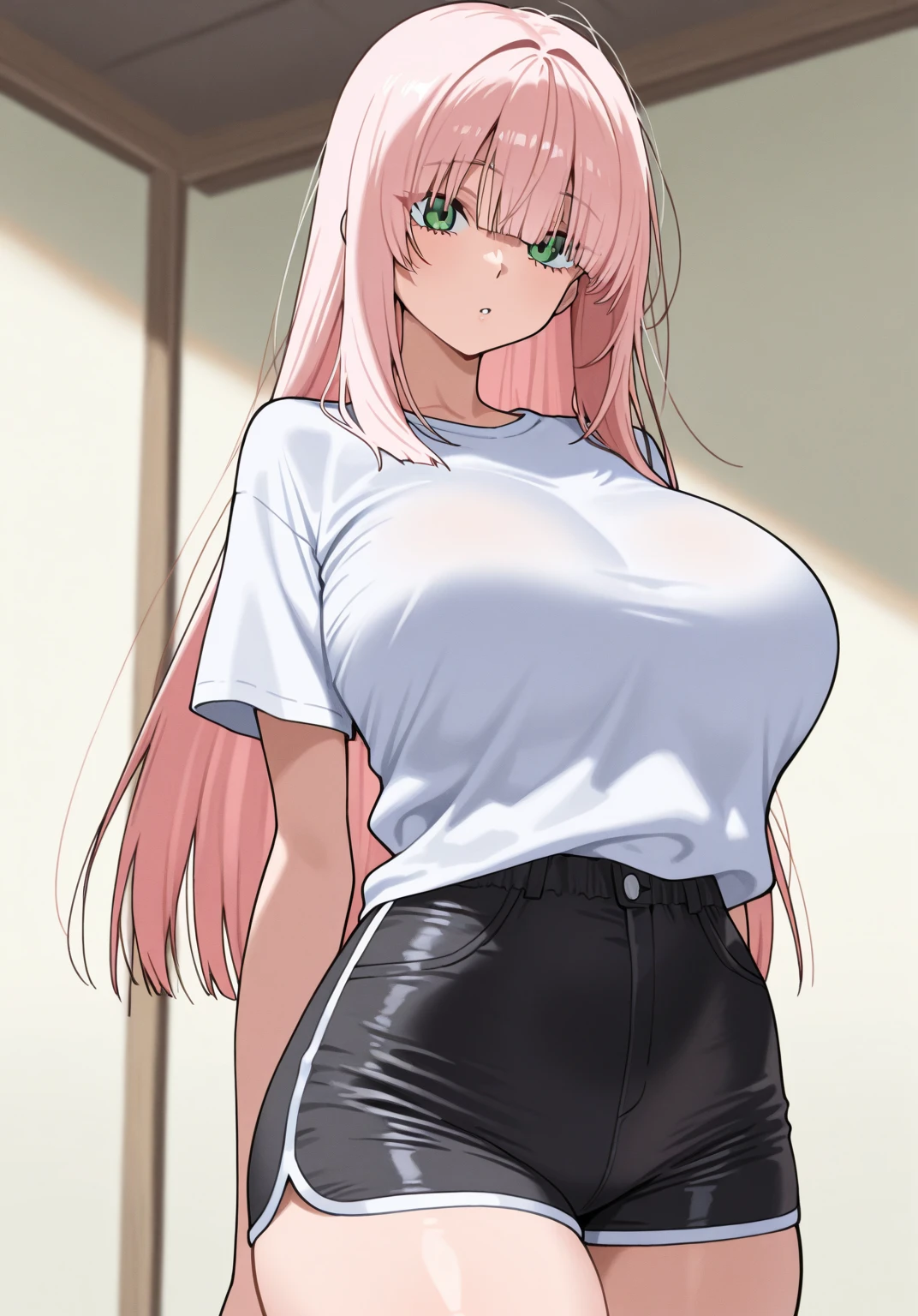 High resolution, Very detailed, perfect lighting, beautiful detailed eyes,   ((masterpiece,Best Quality)), absurdities, alone,     princess zelda, by the width, crown braid, Hair clip, pointy ears, pink shirt, long sleeves, Gloves without fingers, black gloves, Black pants, tight pants, smile, curves, nod,   ,  deep neckline, deep neckline, bare breasts, bare breasts, NSFW, visible nipples, visible nipples , pink hair, pink hair, looking ahead, looking ahead 