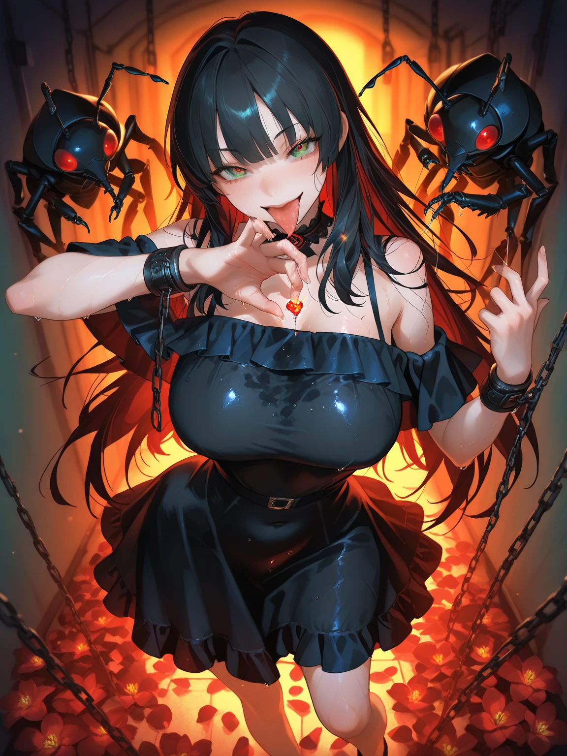 masterpiece:1.2, 1 woman, 20 years, dark souls style, woman in gown, Cinematic goddess close-up, cinematic lighting, (Best lighting) huge breasts, black hair, shadows, massive breatsss, SFW, covered, milf, seductive look, smile, mole, looking at viewer, extremely detailed, fine art, coloured. clothes, red eyes, dress, teacher, fantasy, sole woman, lookingup at viewer