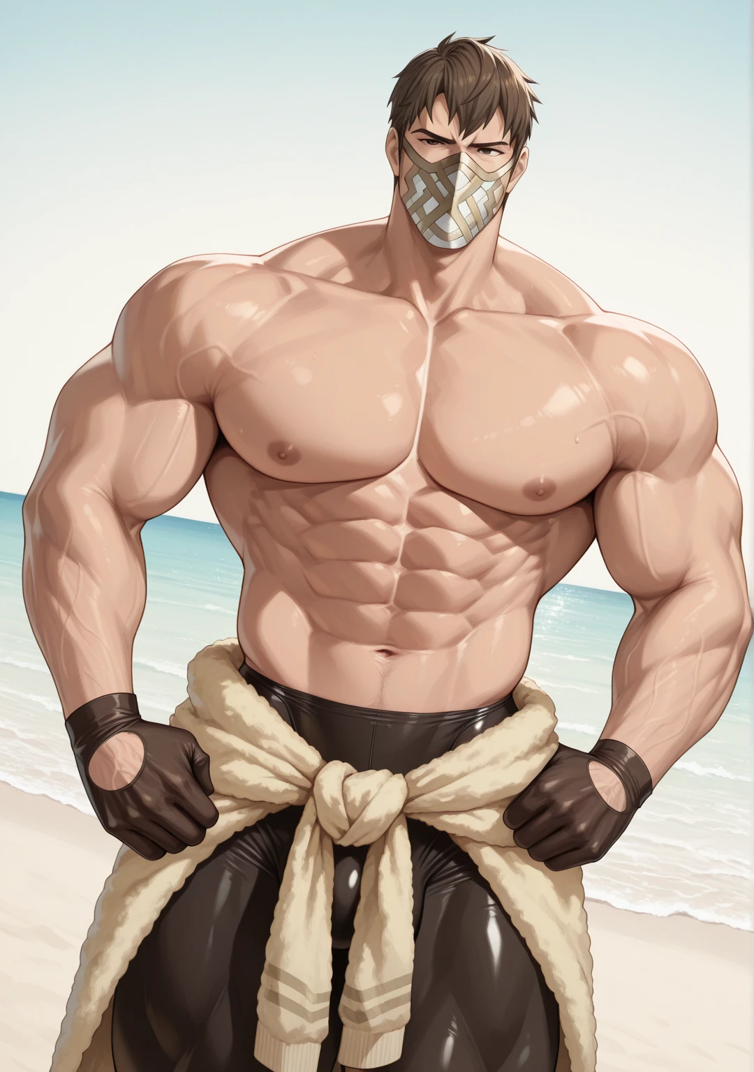 Movie poster, full body, character design (Resident Evil - Chris Redfield, Chris Redfield) wearing a thickened thermal velvet smooth rice cream white spandex suit, standing alone on the sunny beach by the sea, sad expression, deep and charming eyes, emerald-like pupils, muscle male hero, heroic male pose, tall burly, muscular! Sexy charming muscular leg muscles, tall burly and strong, warm thick pile smooth off-cream spandex set, super buff and cool, high resolution commission, cream white combat boots, attractive strong male, sun on the body, lonely