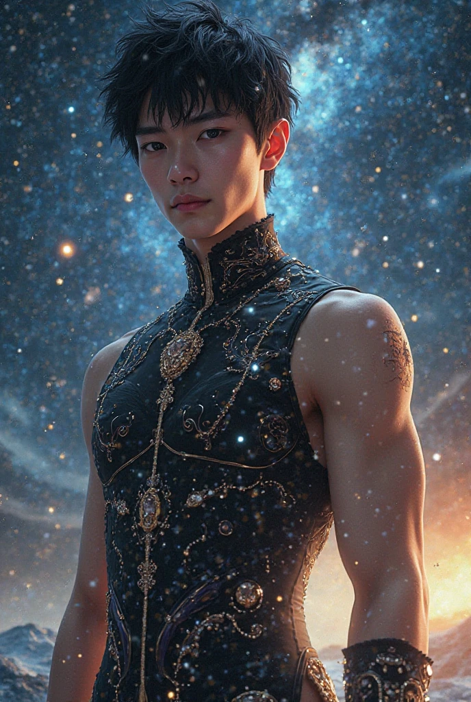 Quarter body photorealistic handsome Hunky shirtless Zodiac Prince: Pieces.. wearing light Green. Galaxy as background.