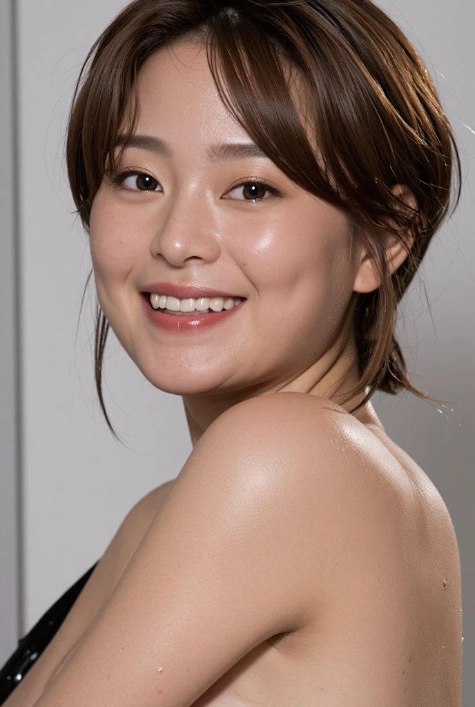 a Close-up portrait of gorgeous smiling cute Japanese woman in a glamorous blue dress outfit, delicate facial features, porcelain-skinned, ponytail, a fusion of young Marion Cotillard's striking eyes and young Anne Hathaway's introspective gaze, long and slender cute face, curved eyebrows, droopy hooded eyes, low nasal bridge, wavy nose, smiling, thin lips, short pixie cut hair, silhouette, bokeh, lobby bar lounge background,