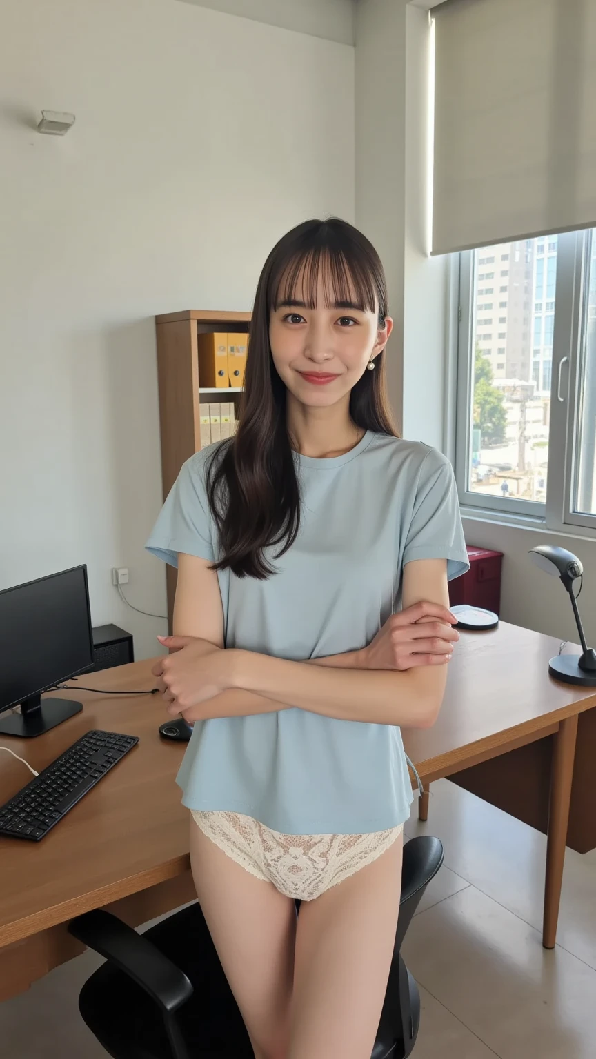 A chinese girl with black top and blue pants, (wearing jeans), bedroom, realistic shadows perfect body, full body details, hands on hips, full body closeup, highly detailed full body, waist shot, --auto --s2