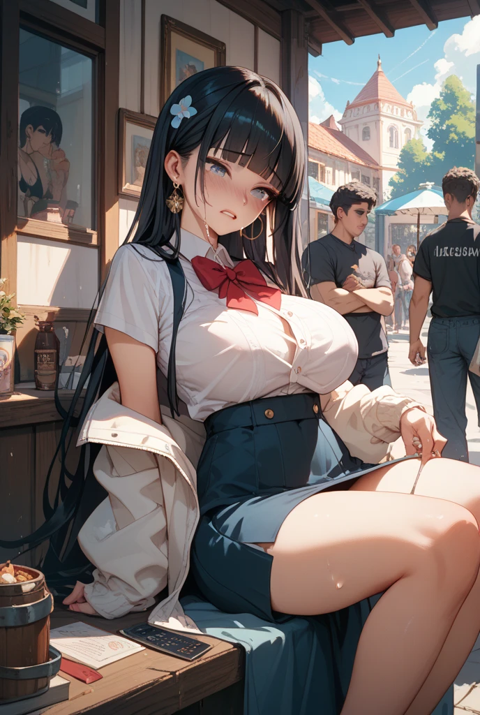 Masterpiece, top quality, super detailed, 16k, One girl, spring, high school, warm colors, school bag, accurate and highly detailed background, flock of schoolgirls in uniforms of various body shapes and hairstyles, cute. Blake. , red eyes, black hair, ribbon, red ribbon, hair ribbon, parted bangs, folded ponytail, , shuuchiin academy , dress, sidelocks, breasts, black dress, collarbone, short hair, long sleeves