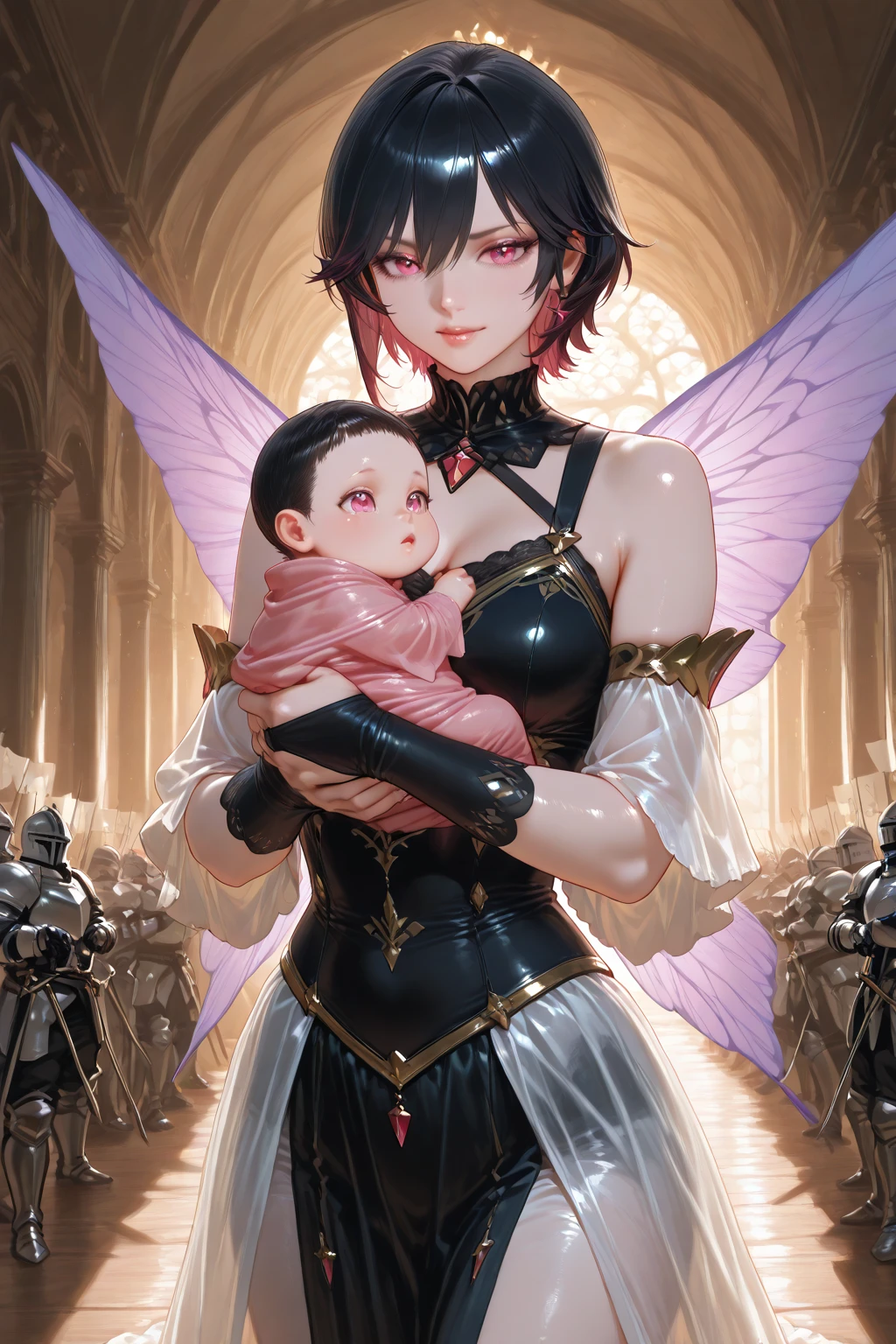 A beautiful female demon warrior tenderly caring for a baby, expression of bewilderment, daycare center, 1girl, intricate detailed face, delicate skin, flowing hair, horns, demonic eyes, armor, baby in arms, warm lighting, muted color palette, cinematic composition, photorealistic, hyper detailed, 8k, masterpiece, concept art