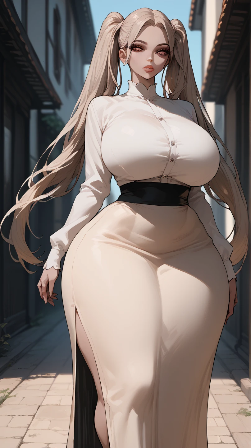 transparent clothes, definition of the female body, thick thighs, sample body curves, large breasts, long hair, short transparent shorts, she has both hands positioned on the floor.....