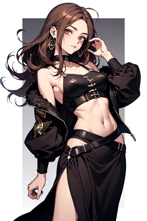 A girl, Long brown hair, Heteroromy, left violet eye, Right Golden Eye, Turquoise cyberpunk top, leather jacket, Upskirt, open belly, open breasts, large breasts, smirk, tooth, fangs, claws, hiquality, 4k, HD, Good detail
