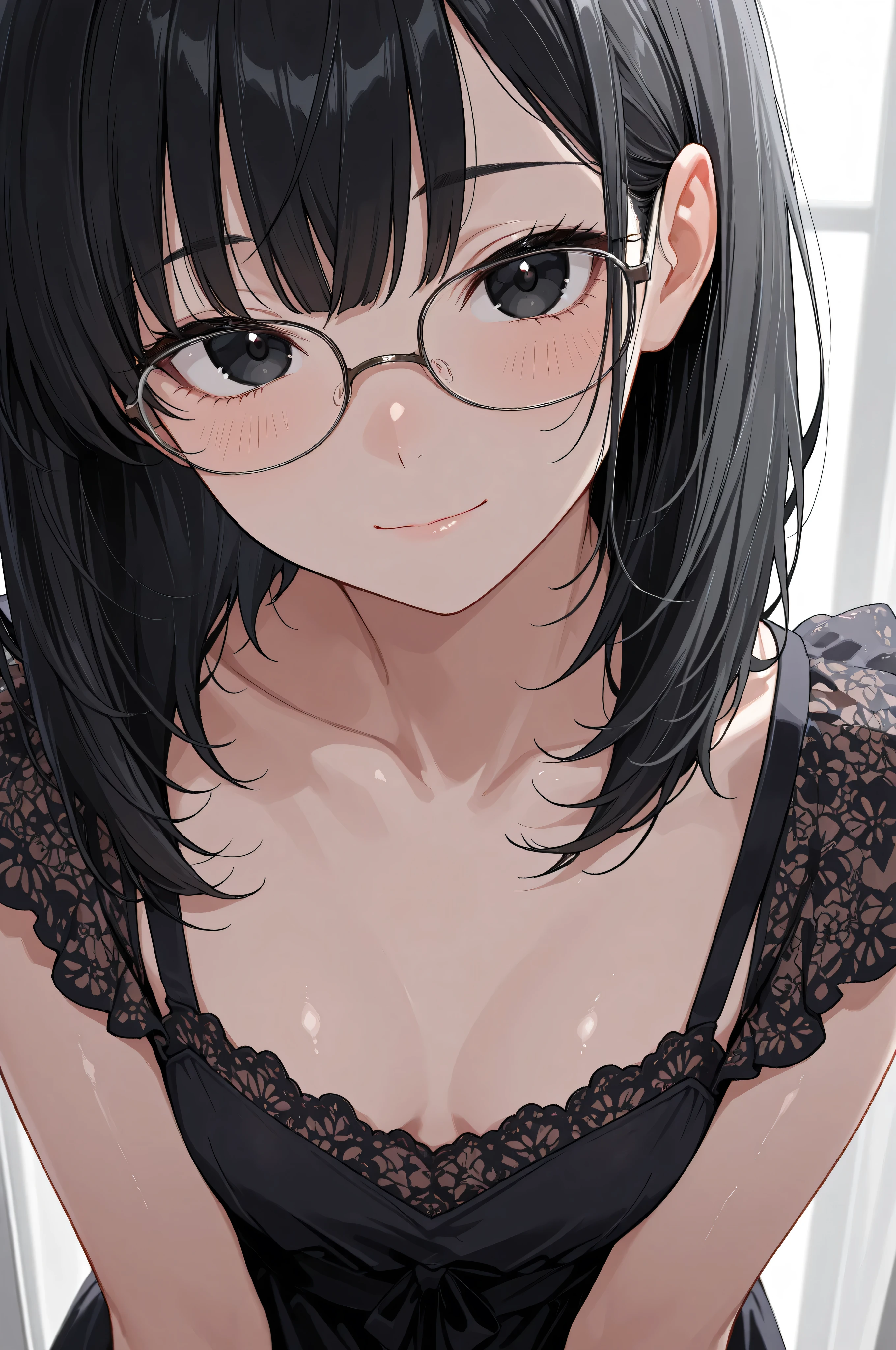 short、Black-rimmed glasses、Grey knit off-shoulder maxi dress、Black bra straps、Cleavage
